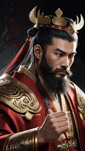 oriental、man in ancient chinese clothes、ancient chinese hairstyle man、three kingdom、multiple warlords、highest quality、masterpiece、ultra high resolution、(realistic:1.4)、game poster、Clear and beautiful image quality、Red clothes、long beard、I put a small box on my head、