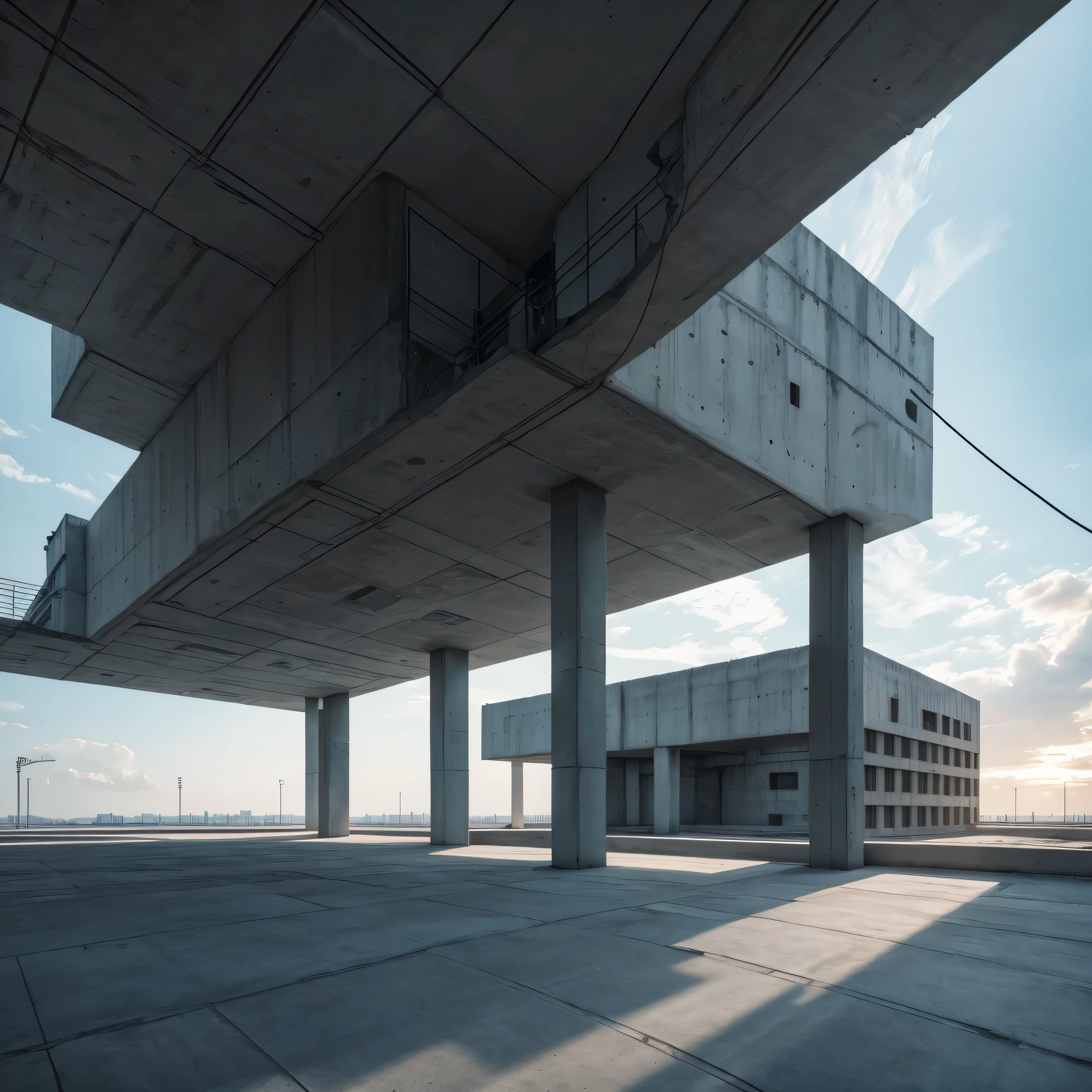 huge complex made of concrete with steel elements, cables in the walls. At a distance, The structure goes beyond the horizon. Has a lot of small details. Ultra-high image quality.