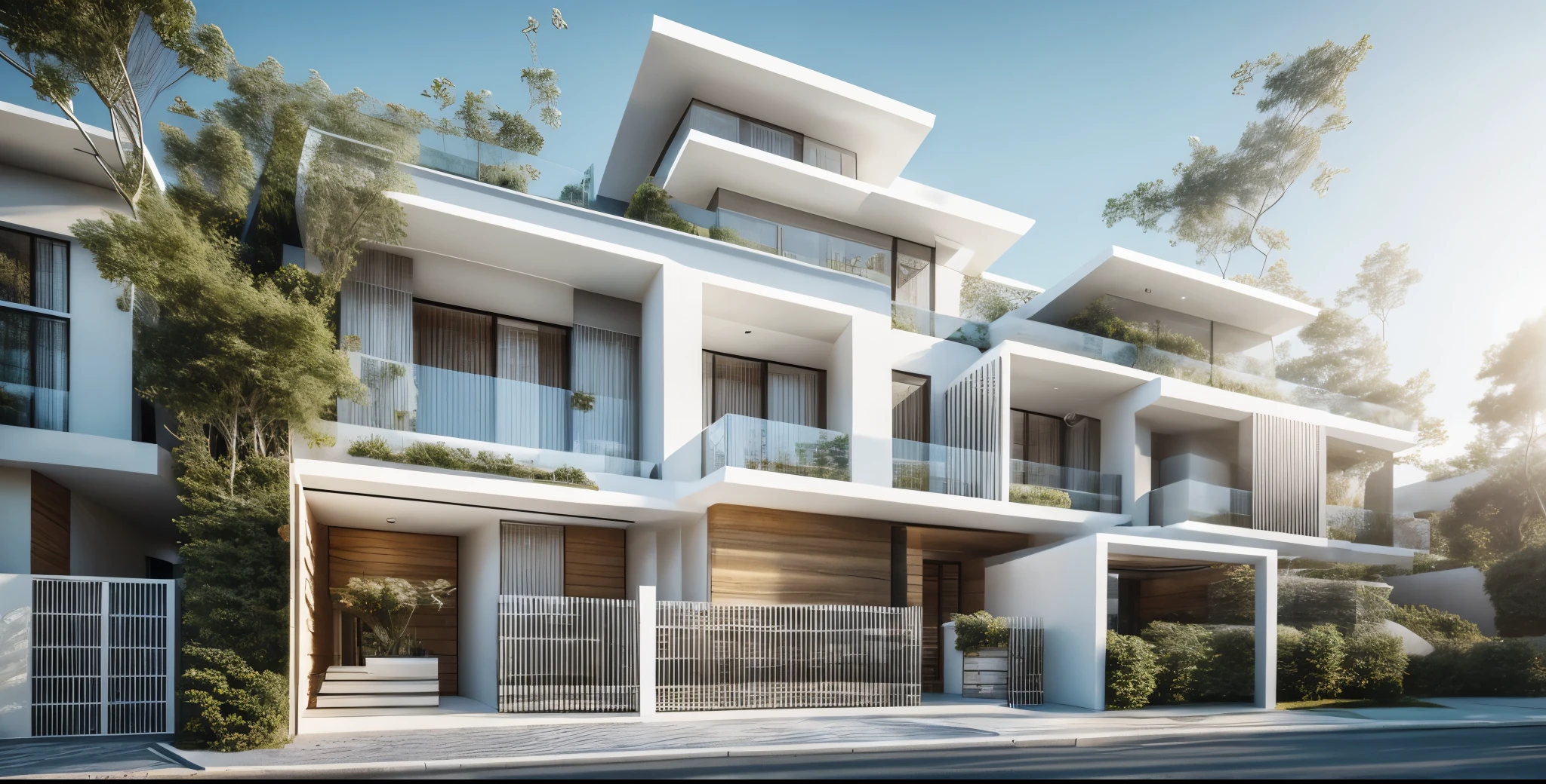 Exterior, house, luxury, modern style, reflective glass material, white wall paint, stone wall, wooden ceiling, in the city, crowded street, many cars, many people, many trees, Trees on the roof, sunrise, empty clouds, 8k, vray images