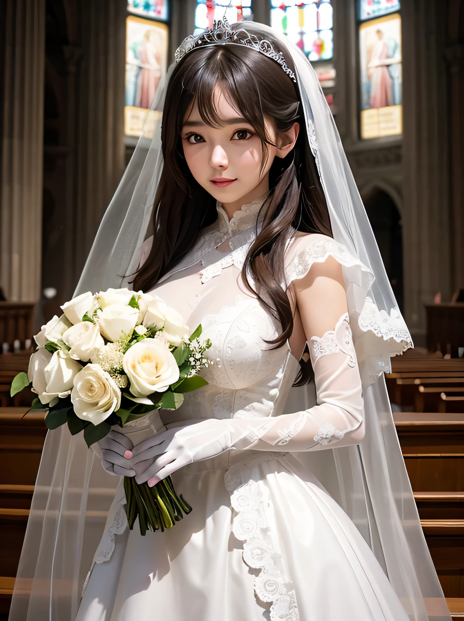 highest quality、masterpiece、Noble、elegant、refinement、fantasy、long hair、brown hair、cute woman、white skin、white skin、Transparency、church、indoor、Rose、Wedding dress、all lace dress、veil、tiara、thin eyebrows、Rounded face、happiness、big breasts、the light is soft、smile、long gloves with white lace、There is no shadow on the face、No shadows in the eyes、bouquet