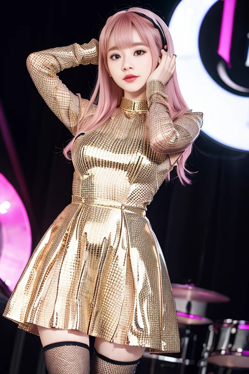 2 female idols、Full body Esbian、sheer latex champagne gold tight mini dress、Fishnet tights、pink hair