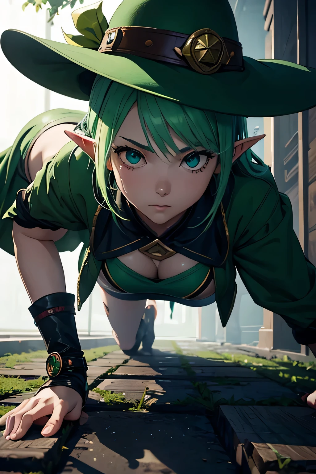 masterpiece, A girl with green hair and a green hat stands in the room, splash art, style art buds, elf girl, Renji Murata and Art Germ, Very warm, Bibby, art gelm style, style league of legends, Ruan Jia and Artgerm, art gelm style, ! dream art germ、get down on all fours
