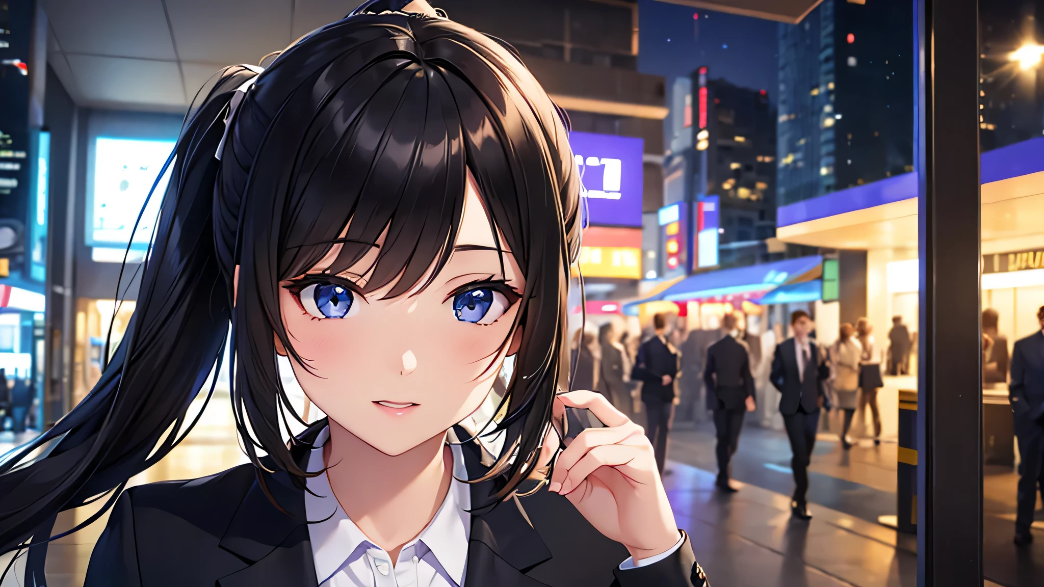 #woman(8K, RAW photo:1.2),detailed face and eyes,最high quality, ultra high resolution, very detailed ,intricate details ,pretty girl , soft light like a movie, hyper detail,sharp focus, high quality,suit,Shirt Formal,ponytail,black hair,Salt compatible,high angle,business suit,drunk,night,town,face to face,help a man（I can only see the body）,whole body