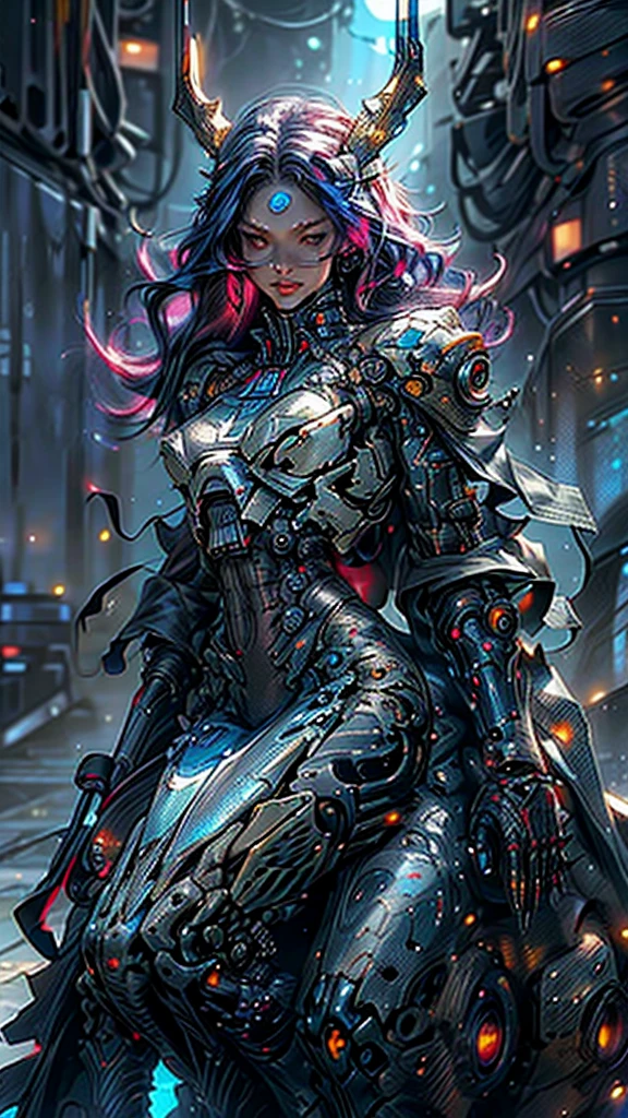 Realistic, perfect masterpiece, high quality, high resolution, highest image quality, 8k hd, 
1girl, 
Long dark blue-red hair, yellow eyes, glowing eyes, parted lips, blush, horns, 
Cybernetic suit, mecha long skirt, armored dress, masks, Wild full-coverage helmets
Night, flowers, sun, sunlight, 
Highly detailed background