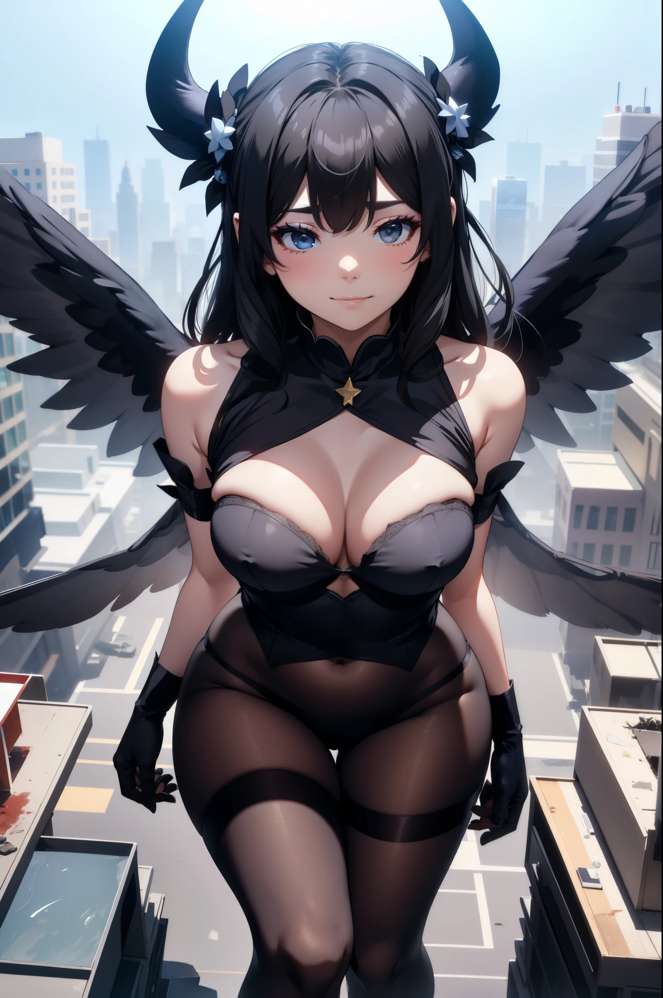 Aerial View，giant girl 50,000 feet high，Weight 1000kg，Has a pair of huge black angel wings，With huge devil horns on his head，Has waist-length black hair，loose hair，Big black wavy curls，Wearing a pair of black Mary Jane high heels，Black lace gloves，Black lace pantyhose，Pantyhose with bow and star decorations，黑色蕾丝whole body，Standing upright on a small city，Beautiful appearance，Exquisite makeup，quality，8k，高quality，Perfect proportion, Cinema lighting，film grain，Fuji colors，8k，textured skin，Super details，high detail，high resolution，fake smile，blood stains，脚底有blood stains，whole body，Obese，feather