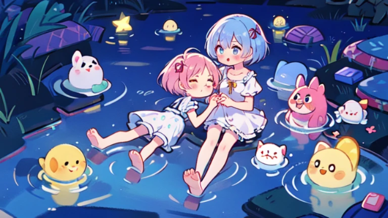 ram and rem,(2girls:1.1),,Background next to clear river water,The river water is clear and transparent,The moonlight casts shadows on the lake,Apply the milky white liquid that comes out of your breasts to your face,(holding hands:1.1),(kiss on the lips:1.1),Too cute,sweet,shy,Transparent pink garter stockings,whole body,barefoot,lace,More vivid colors and softer contrast,fair skin,The skin is delicate and shiny