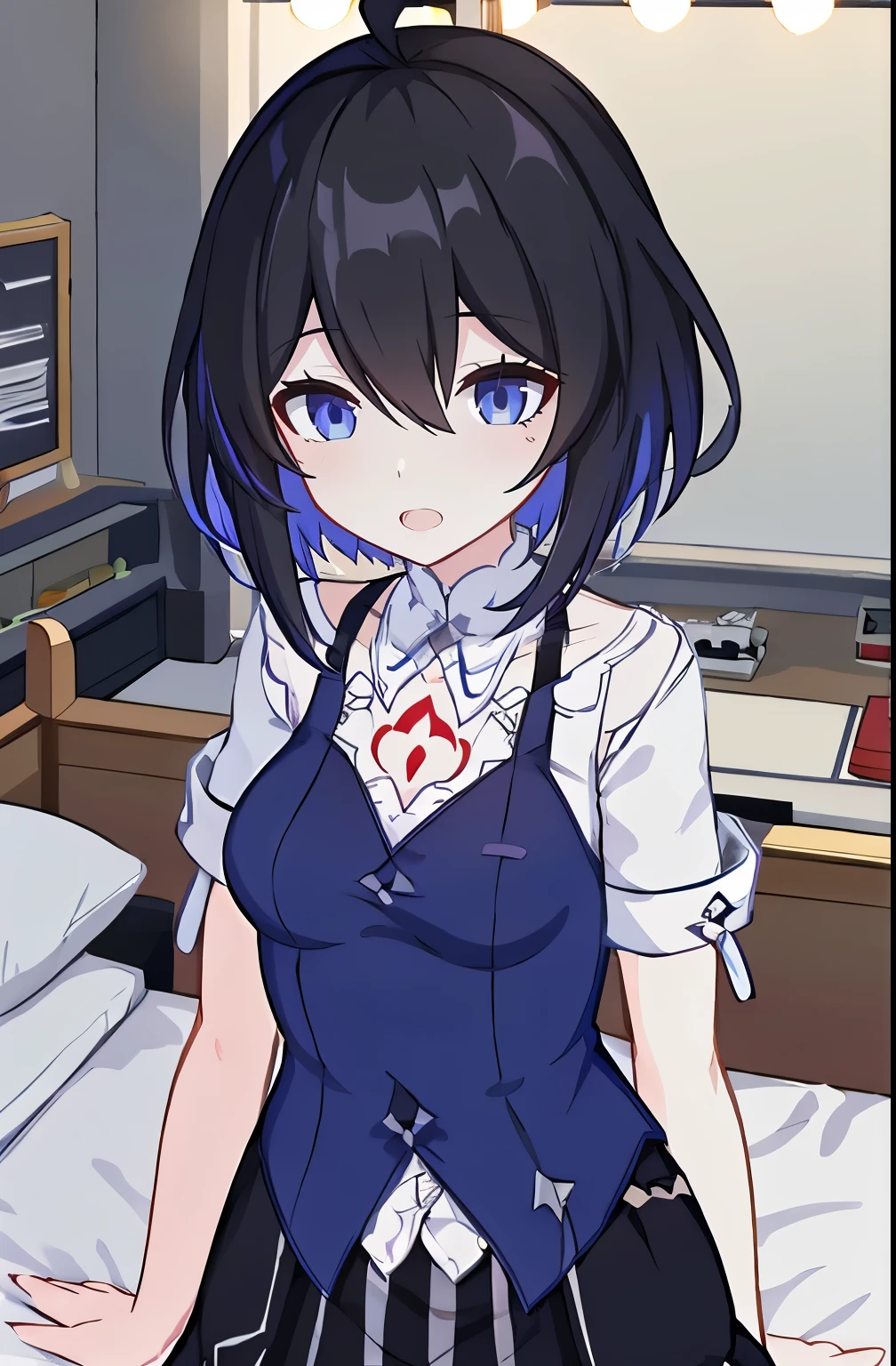 1 girl, best quality, ultra high res, ahoge, Seele Vollerei, medium breast, smile, small body, open mouth, azure clothes, short sleeves, bedroom, white bed sheets, pov, chest  tattoo, upper body, looking at viewers, looking you, blue eyes, black hair, blue hair, perfect detailed, 