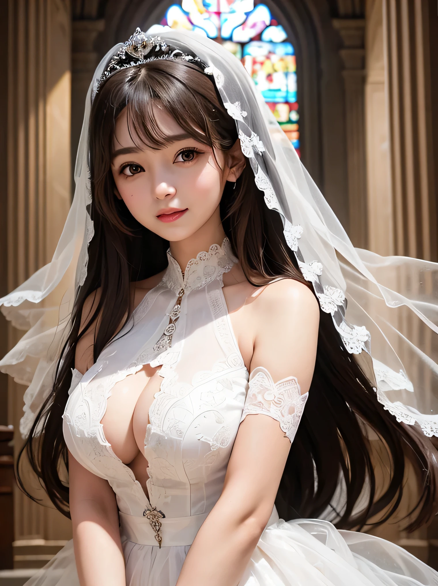 highest quality、masterpiece、Noble、elegant、refinement、fantasy、long hair、brown hair、cute woman、white skin、white skin、Transparency、church、indoor、Rose、Wedding dress、all lace dress、veil、tiara、thin eyebrows、Rounded face、happiness、big breasts、the light is soft、smile、long gloves with white lace、There is no shadow on the face、No shadows in the eyes、bouquet、No whitening