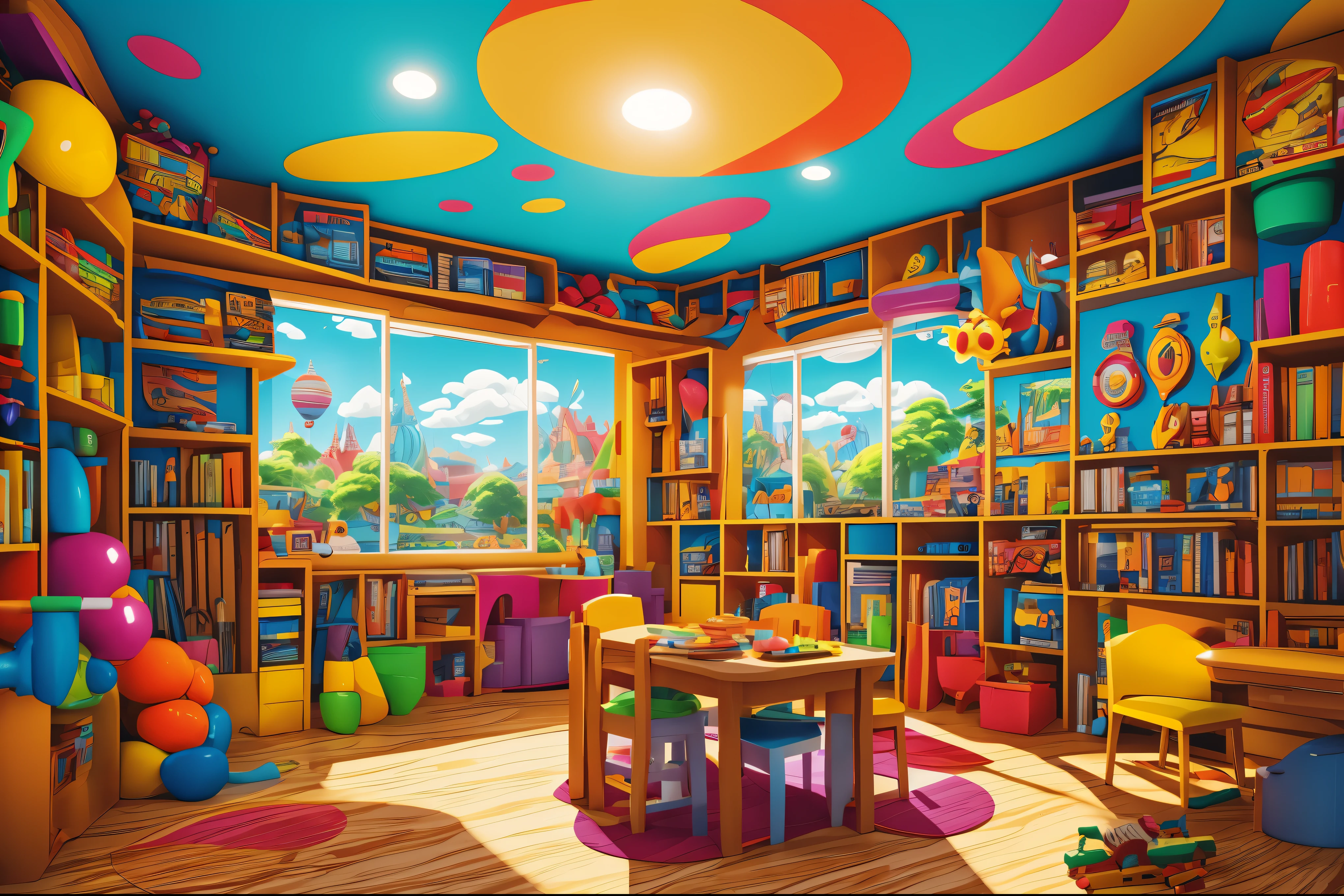 bright, (((cartoon style))), ((children&#39;s room background inside, full of toys)), Nice room, fluffy plush toys, Children's toys, sunny day, no human, illustration for children, fantasy art, masterpiece, detailed, difficult, 4K, art