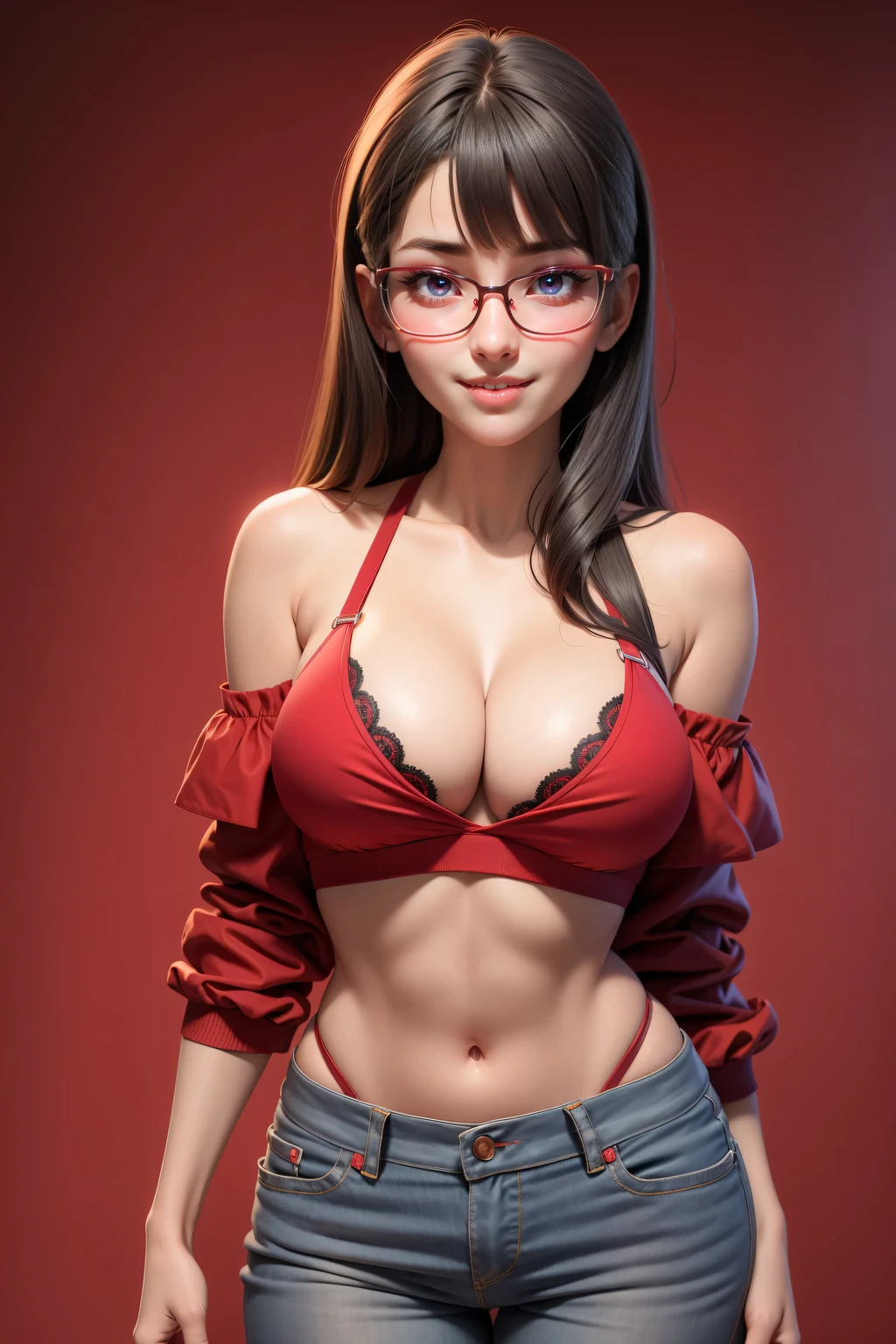 1 girl (18yo) glasses, upper body, slim waist, big breast, wide hips, sexy pose, naugthy face, bangs, cleavage, navel, off shoulder, seductive smile, wear red detailed streetwear, thong, gray background