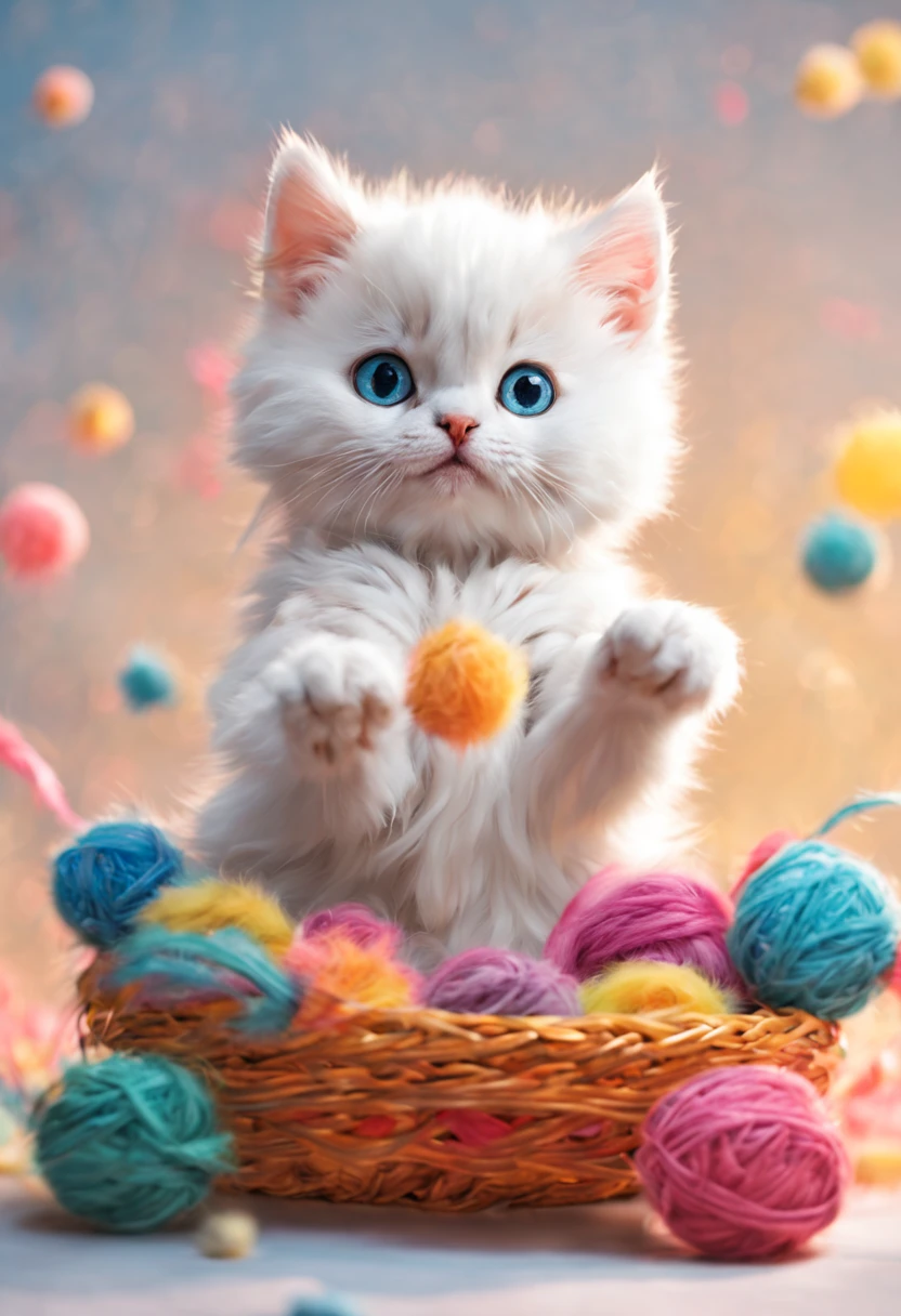 (best quality,4k,highres,masterpiece:1.2),ultra-detailed,realistic,cute fluffy white cat,round paw,playing with a colorful string-ball,soft fur texture,vivid colors,paw pads,curious expression,natural lighting,studio backdrop,cute and playful,elegant posture,realistic eyes and nose,sharp focus,professional,bokeh,artistic portrait, in the style of cute animals 