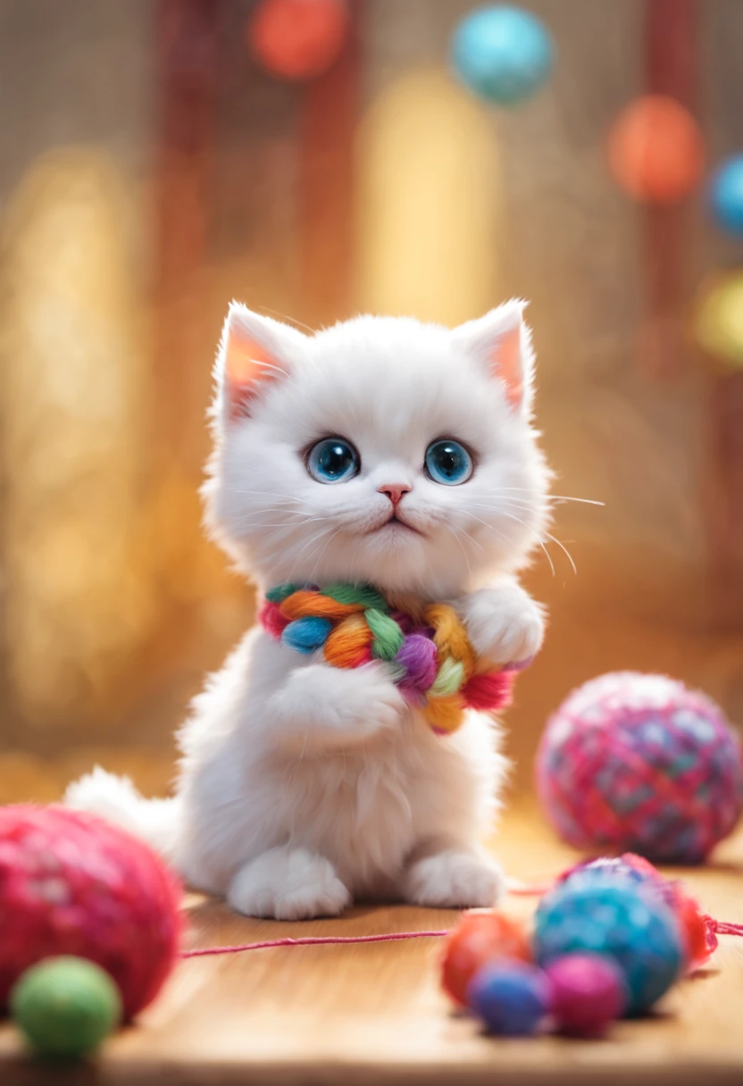 (best quality,4k,highres,masterpiece:1.2),ultra-detailed,realistic,cute fluffy white cat,round paw,playing with a colorful string-ball,soft fur texture,vivid colors,paw pads,curious expression,natural lighting,studio backdrop,cute and playful,elegant posture,realistic eyes and nose,sharp focus,professional,bokeh,artistic portrait, in the style of cute animals 