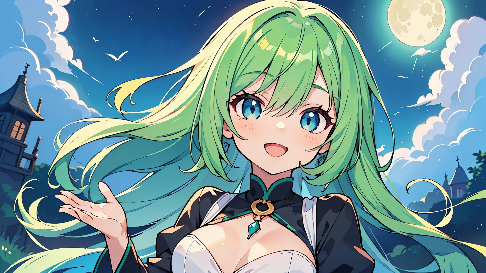 ((A Pretty little girl with green hair and blue eyes)), wearing one-piece dress, Loli face, ((master piece, top-quality, ultra-definition, high resolution)), anime girl, ((ultra-detailed illust:1.2)), only one person, bangs, hair between eye, beautiful hair, Beautiful eyes, Medium breasts, Big smile, opened mouth, enjoying, moon