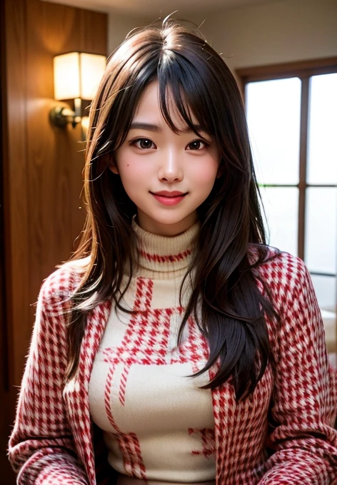 araffe asian woman in a (red houndstooth coat:1.4), (off-white turtleneck sweater dress:1.3) posing for a picture, beautiful asian girl, realistic young gravure idol, cute seductive smile, young sensual gravure idol, japanese model, young skinny gravure idol, girl cute-fine-face, young pretty gravure idol, gorgeous young korean woman, beautiful japanese girls face, friendly seductive smile