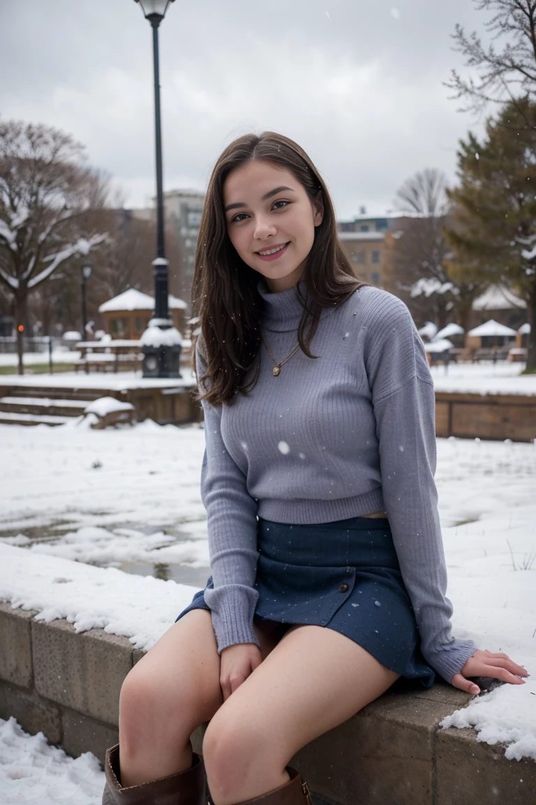 photo of: sexy brunette 20 years old, tall and slim. perfect body. she is wearing a blue mini skirt. she is wearing purple sweater. she wears brown boots. She is sitting in a beautiful snowing park sky is blue. we see it entirely. she smiles