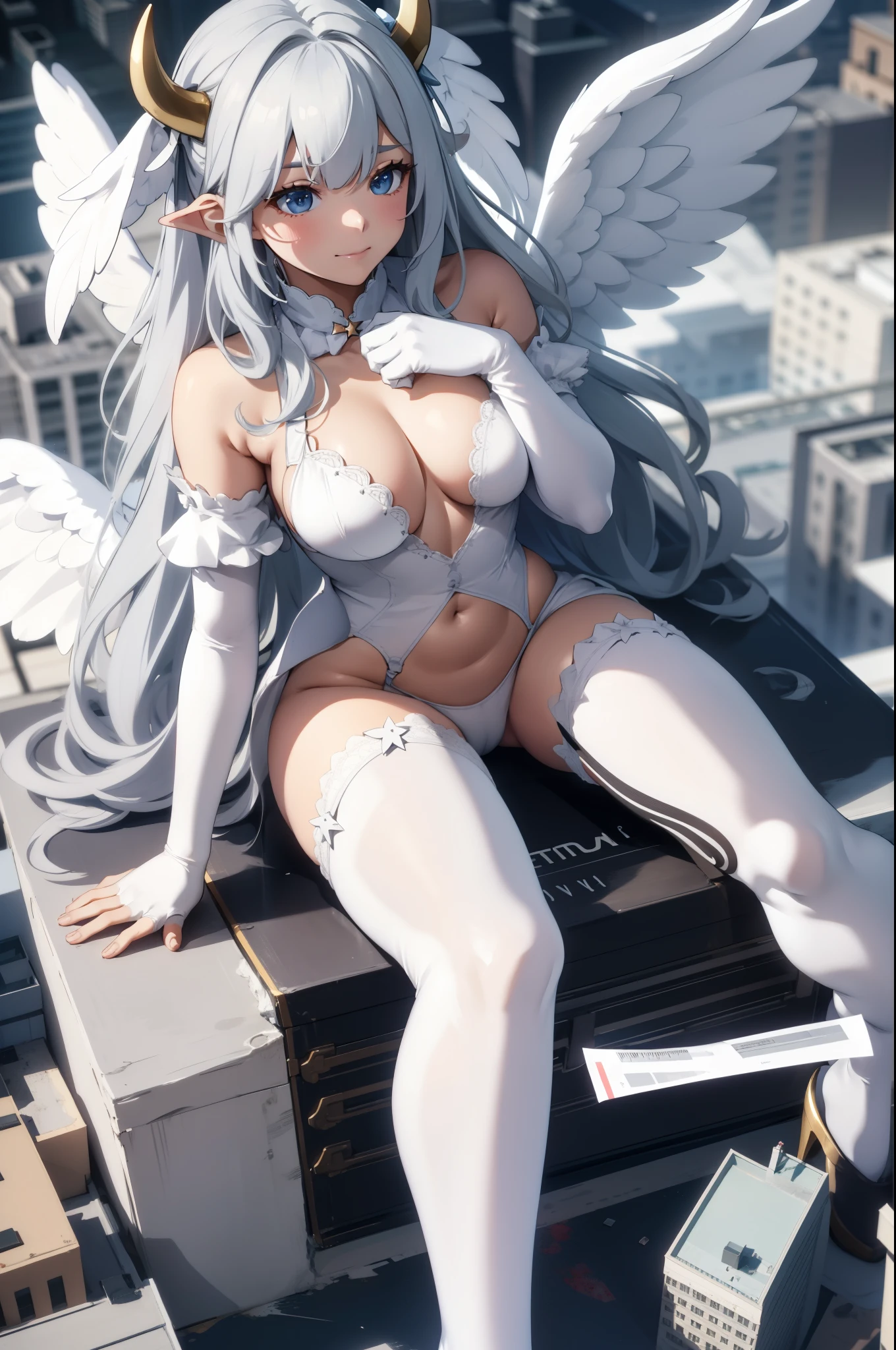 Aerial View，giant girl 50,000 feet high，Weight 1000kg，Has a pair of huge white angel wings，With huge devil horns on his head，Has waist-length white hair，loose hair，white wavy hair，Wearing a pair of white Mary Jane high heels，White lace gloves，White lace pantyhose，Pantyhose with bow and star decorations，白色蕾丝whole body，Standing upright on a small city，Beautiful appearance，Exquisite makeup，quality，8k，高quality，Perfect proportion, Cinema lighting，film grain，Fuji colors，8k，textured skin，Super details，high detail，high resolution，fake smile，blood stains，脚底有blood stains，whole body，Obese，feather