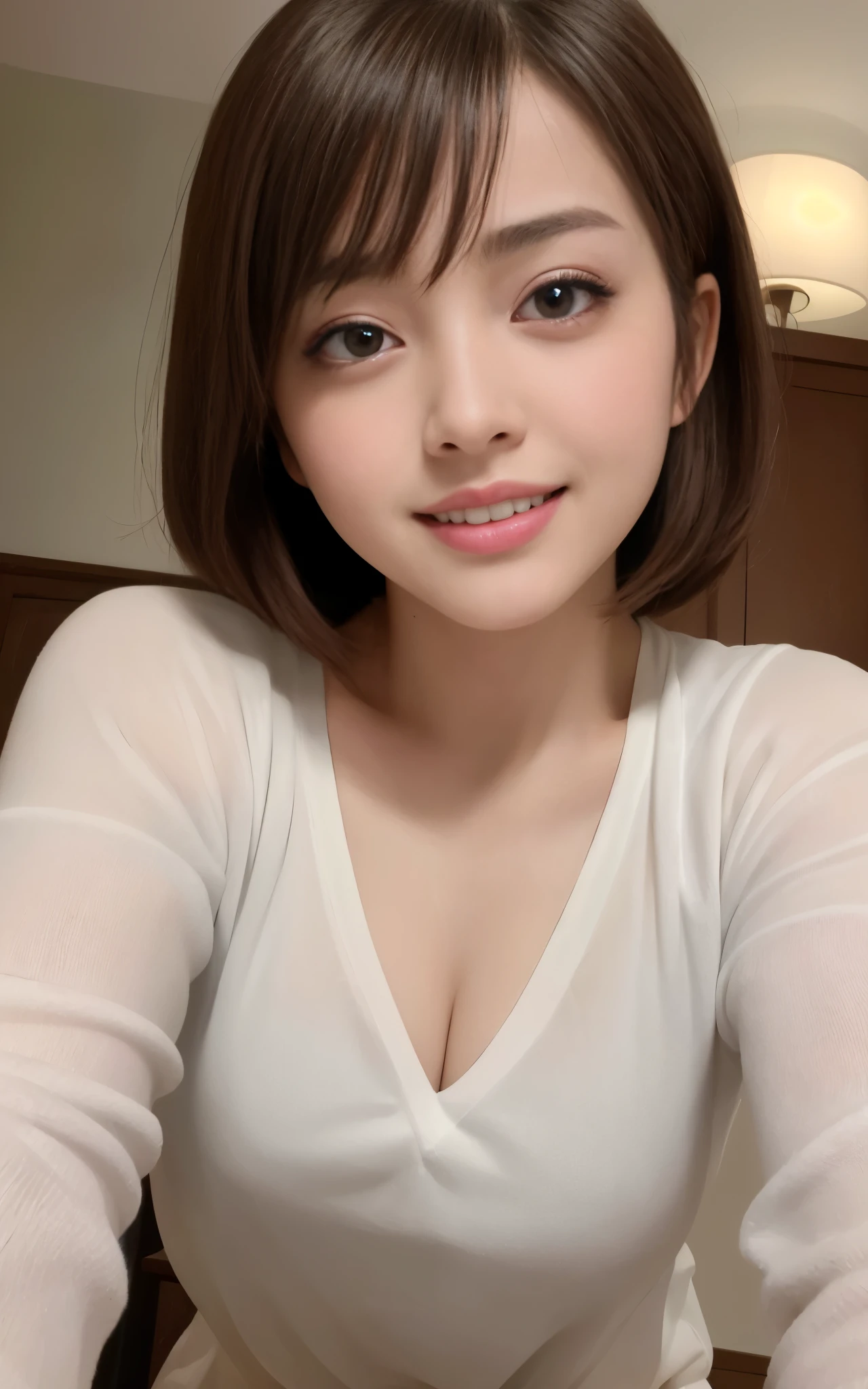 highest quality、ultra high resolution、(realistic:1.4)、((full nude))、beautiful eyes、blonde、brown eyes、beautiful breasts、realistic skin texture、thin pubic hair、NSFW, 8K quality, 8k ultra, 10x more pixels、highly detailed cute face、detailed lips、fine eyes、double eyelid、natural makeup、（kind eyes）、（super cute girl）、perfect balance、Small tangled naked short hair、beautiful nipples、((With a smile))、bedroom at night、((all fours))、((very soft breasts))、((Realistic skin type))、((full body)), (nipples peek, 1.1), ((I can see nipples))