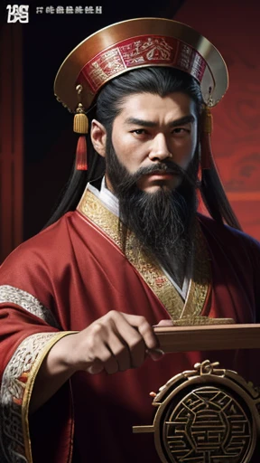 oriental、man in ancient chinese clothes、ancient chinese hairstyle man、three kingdom、multiple warlords、highest quality、masterpiece、ultra high resolution、(realistic:1.4)、game poster、Clear and beautiful image quality、Red clothes、long beard、I put a small box on my head、holding a closed wooden fan