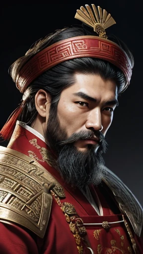 oriental、man in ancient chinese clothes、ancient chinese hairstyle man、three kingdom、multiple warlords、highest quality、masterpiece、ultra high resolution、(realistic:1.4)、game poster、Clear and beautiful image quality、Red clothes、long beard、I put a small box on my head、holding a closed wooden fan