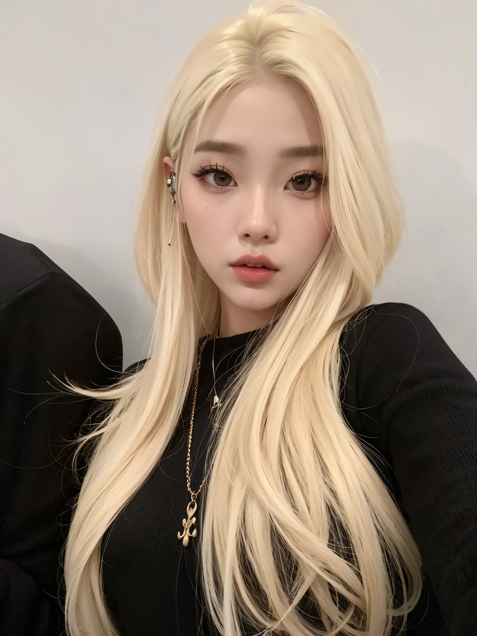 um close up de uma mulher com longos cabelos loiros e um colar, ava max, cabelo loiro muito claro, maquiagem sul-coreana popular, cruel korean goth girl, longos cabelos loiros e olhos grandes,  coreana, her hair is white, cabelo loiro extremamente claro, com longos cabelos brancos, Heonhwa Choe, taejune kim, com cabelos longos brancos, Jennie Kim, Jennie blackpink