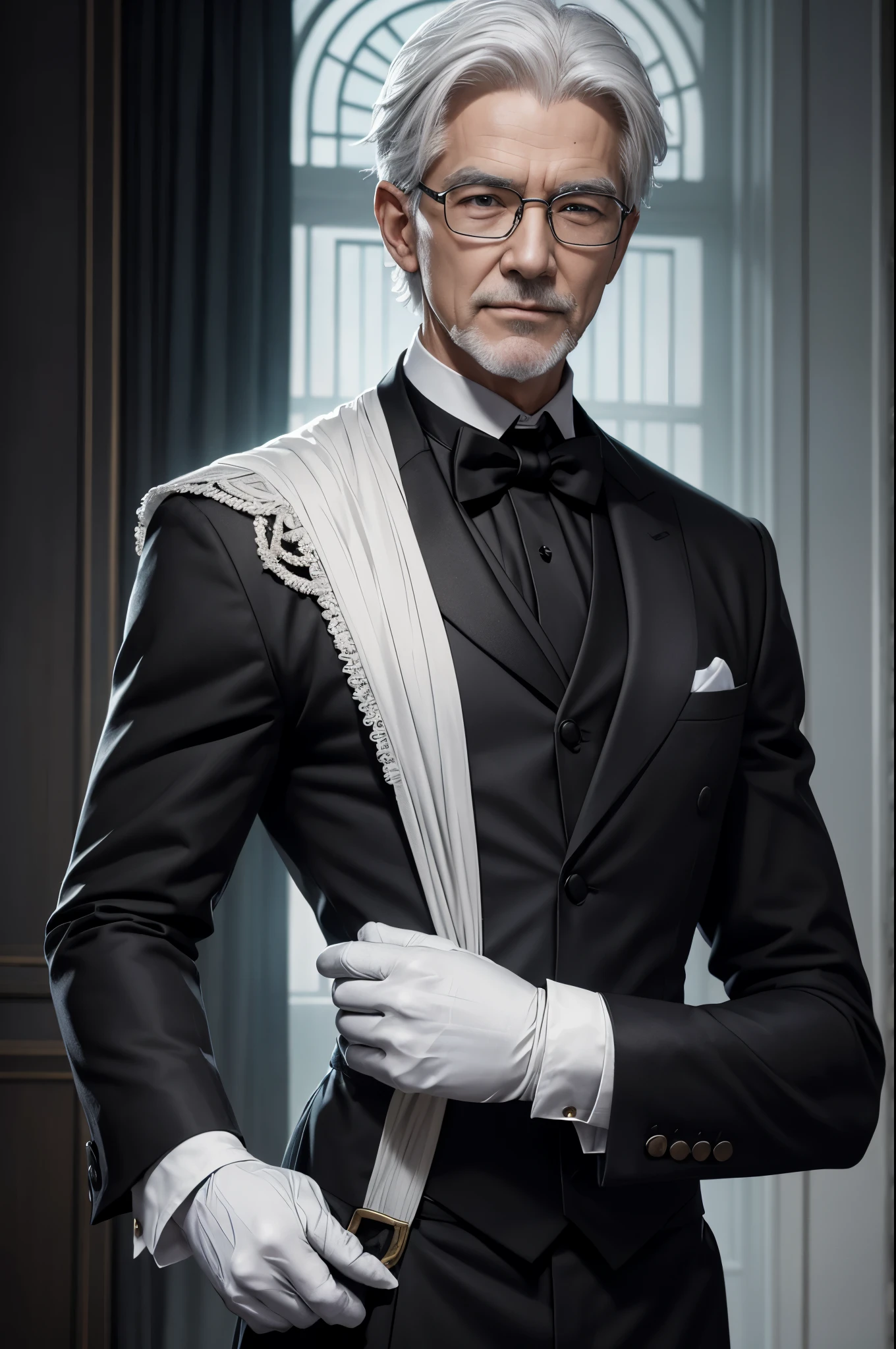 8K,An old butler with white hair and small glasses,Gray-haired short-haired,super handsome(like the real thing),butler with goat eyes,Macho with muscular slender body,gentle smile,Black butler uniform,Butler costume,Cotton gloves,ultra high resolution,Super realistic,fantasy art,character art,rich colors, Backlight, cinematic lighting, film grain, born, 50mm lens, Nikon D850,big mansion garden,Strong body