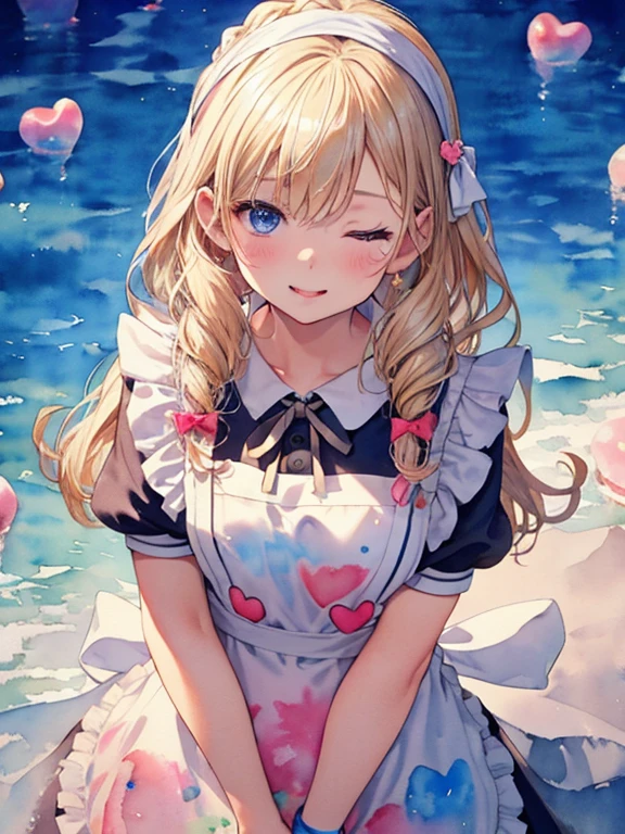 photo realistic, photo realistic, photo realistic, (masterpiece,best quality:1.4),(8k,raw photo,photo realistic:1.2),Not Safe for Work, detailed skin,detailed face,1girl,Japanese idol,cute face,
(((apron dress))), pinafore, ((White ruffle apron)), happy, ;p, medium bob, blonde hair, ((wavy hair)), shimmering eyes, Blue eyes, one eye closed, long hair, little girl, child, 14 yo, ((Triangle Bandana)), flat chest, beautiful hands, neck ribbon, wristband, arm garter, corsage, making sweets,braided bangs,long tongue, object hug,
(((close up to face, zoom in face))), ((face focus)), ((above shoulder)), (looking up to viewer), detailed background, perfect lighting, ((from just in front above)),pastel colour, sweets, candy, confection, soap bubbles, big cake,heart background, (((watercolor))),
