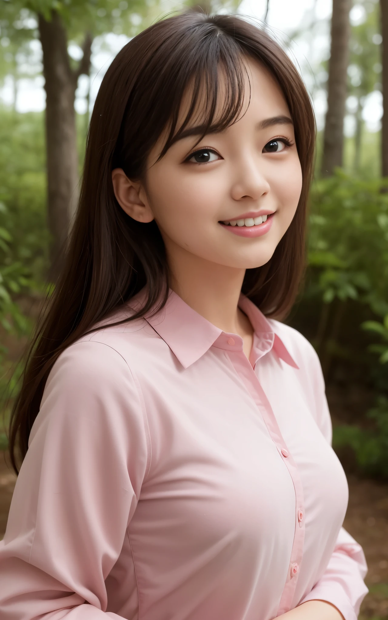 highest quality, figure, super detailed, finely, High resolution, 8k wallpaper, 完璧なダイナミックな構figure, beautiful skin, (Big eyes that shine like jewels), 20 year old beautiful girl, natural color lip, random sexy poses, Chest middle, smile, Highly detailed face and skin texture, Detailed eyes, Double eyelid,leaking teeth and laughing, close-up, from behind, Brown hair medium hair, (pink blouse:1.2), beautiful forest