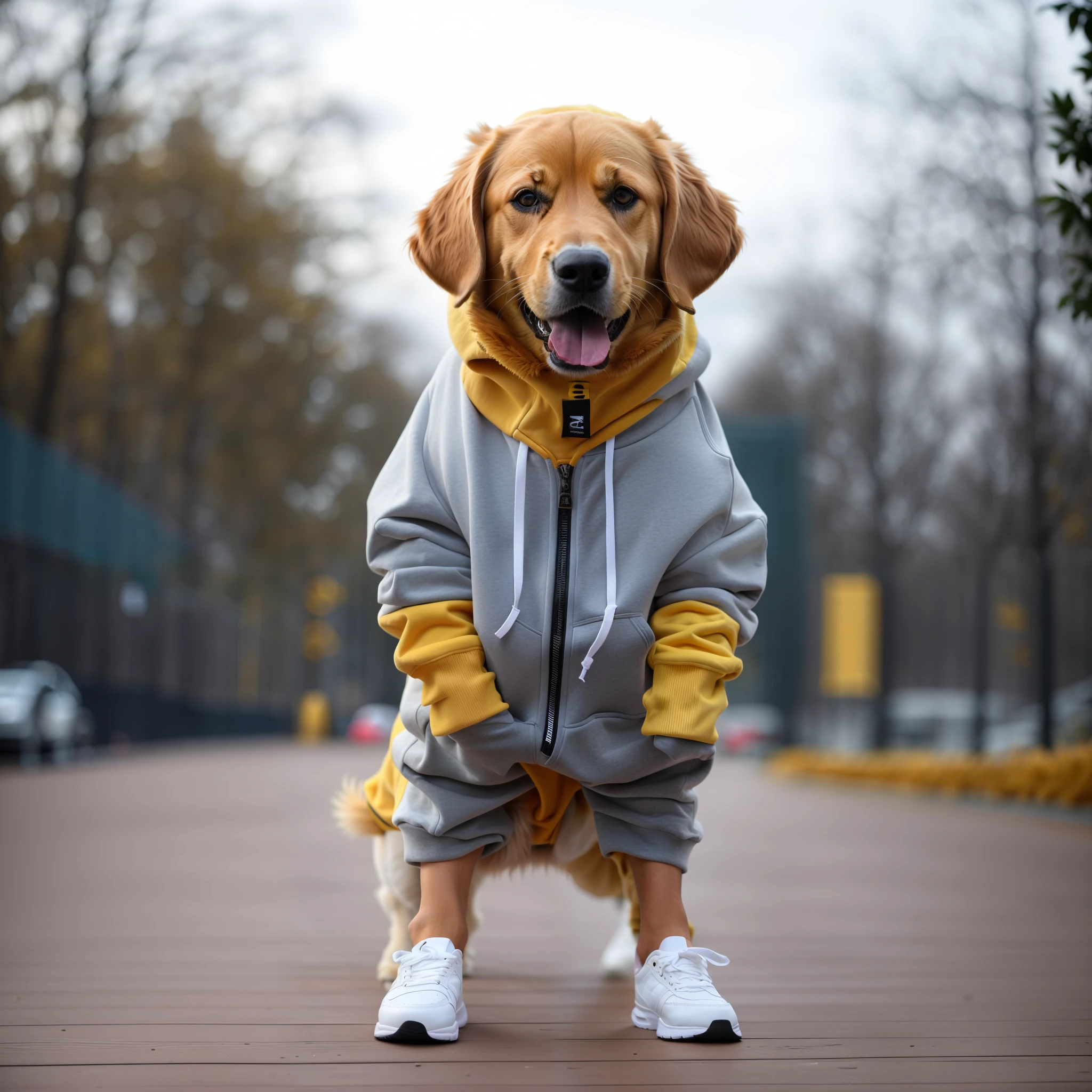 there is a dog that is wearing a hoodie and shoes, Wearing yellow sportswear, Beast in fashionable clothes, cute dog, Loose, Wearing yellow sportswear, very fashion, Wearing yellow sportswear的查皮, golden retriever, wearing a Loose, Dress neatly, Wearing a yellow hoodie and sweatpants, Looks cool and stylish, Wearing a yellow hoodie，open mouth，Stick out your tongue and smile