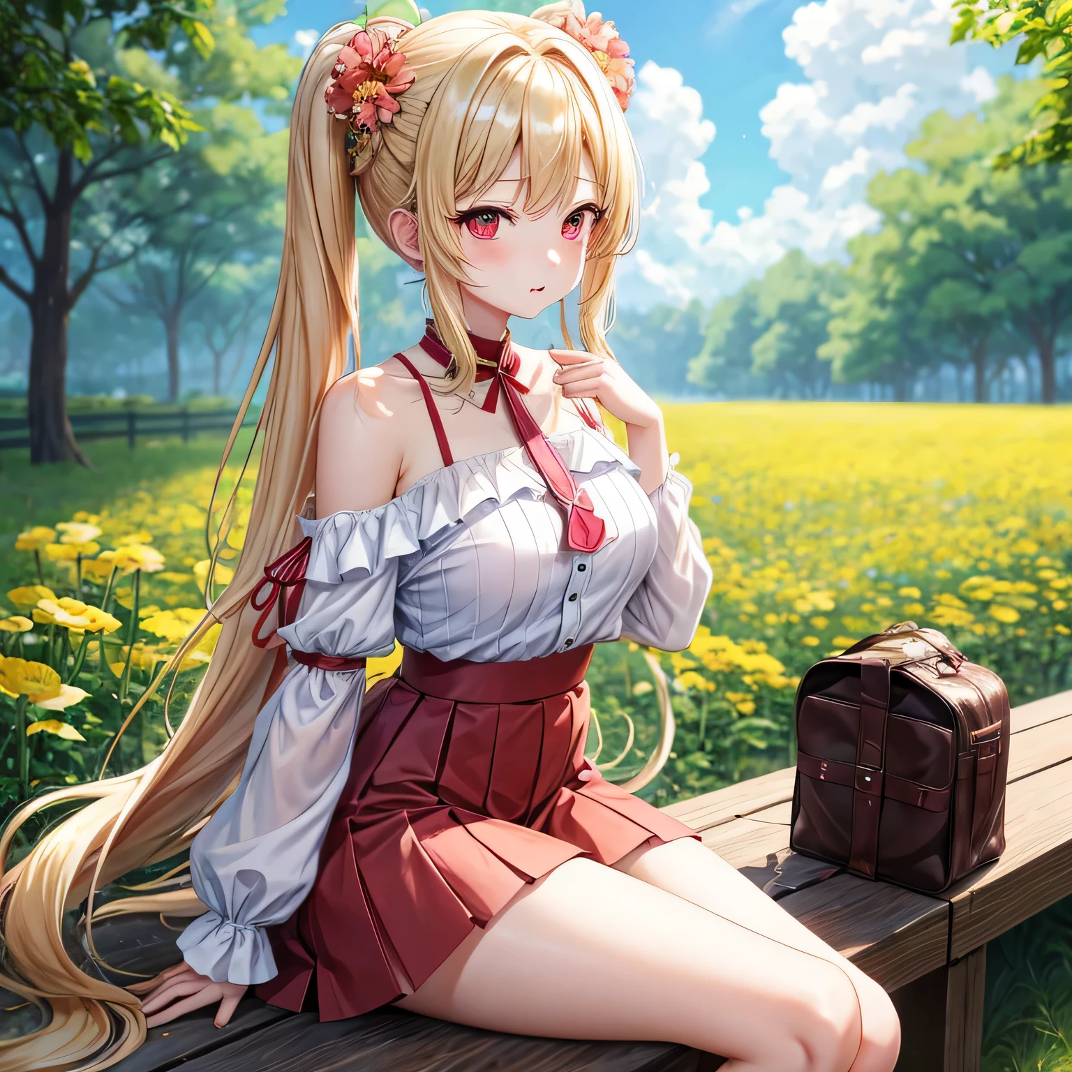 blonde wavy hair、ponytail、red eyes、a beautiful girl、solo、and soul、Off the shoulders、mini skirt、sit on it、a sexy、flower field
