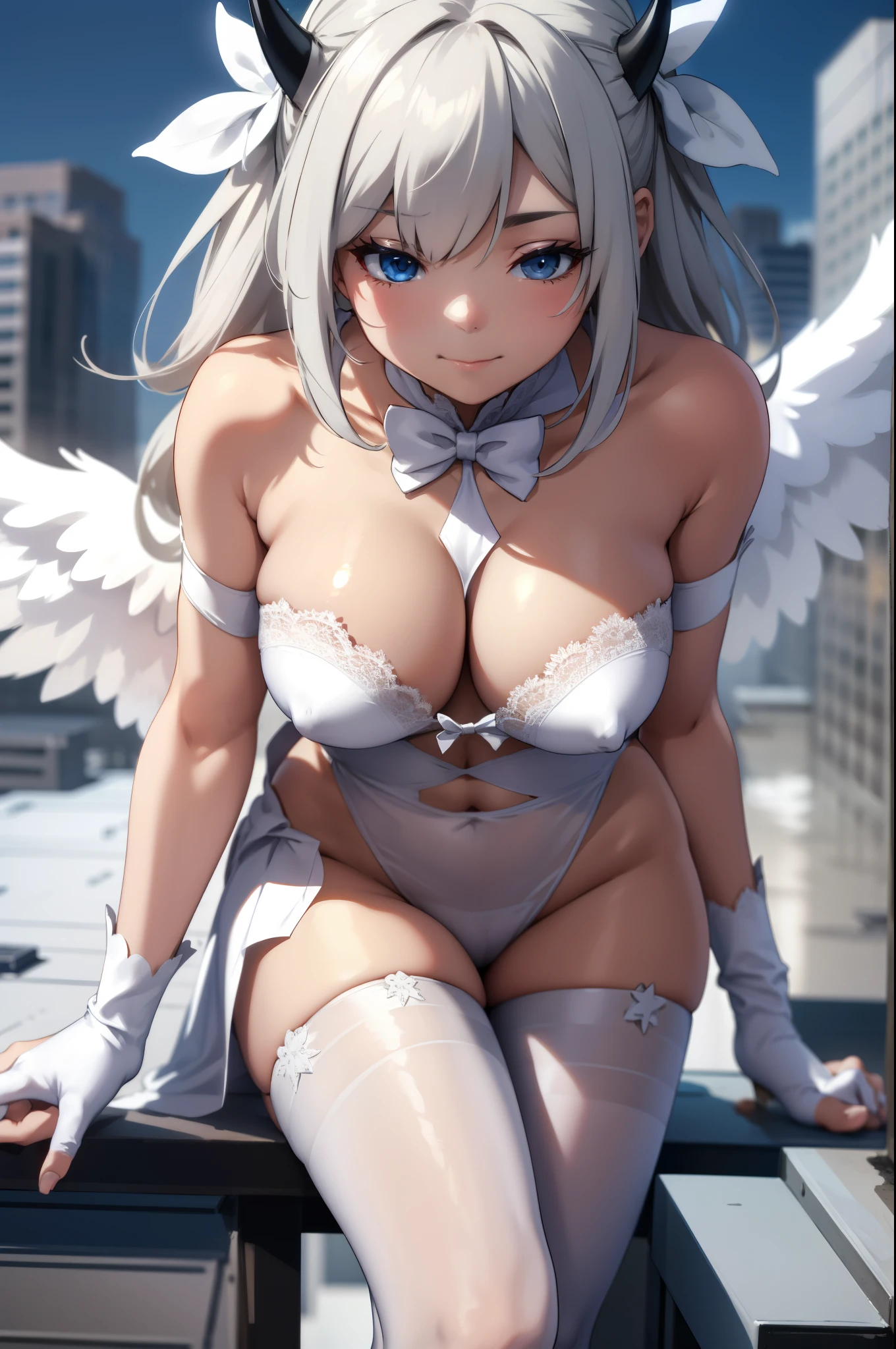 Aerial View，giant girl 50,000 feet high，Weight 1000kg，Has a pair of huge white angel wings，With huge devil horns on his head，Has waist-length white hair，loose hair，white wavy hair，Wearing a pair of white Mary Jane high heels，White lace gloves，White lace pantyhose，Pantyhose with bow and star decorations，白色蕾丝whole body，Standing upright on a small city，Beautiful appearance，Exquisite makeup，quality，8k，高quality，Perfect proportion, Cinema lighting，film grain，Fuji colors，8k，textured skin，Super details，high detail，high resolution，fake smile，blood stains，脚底有blood stains，whole body，Obese，feather