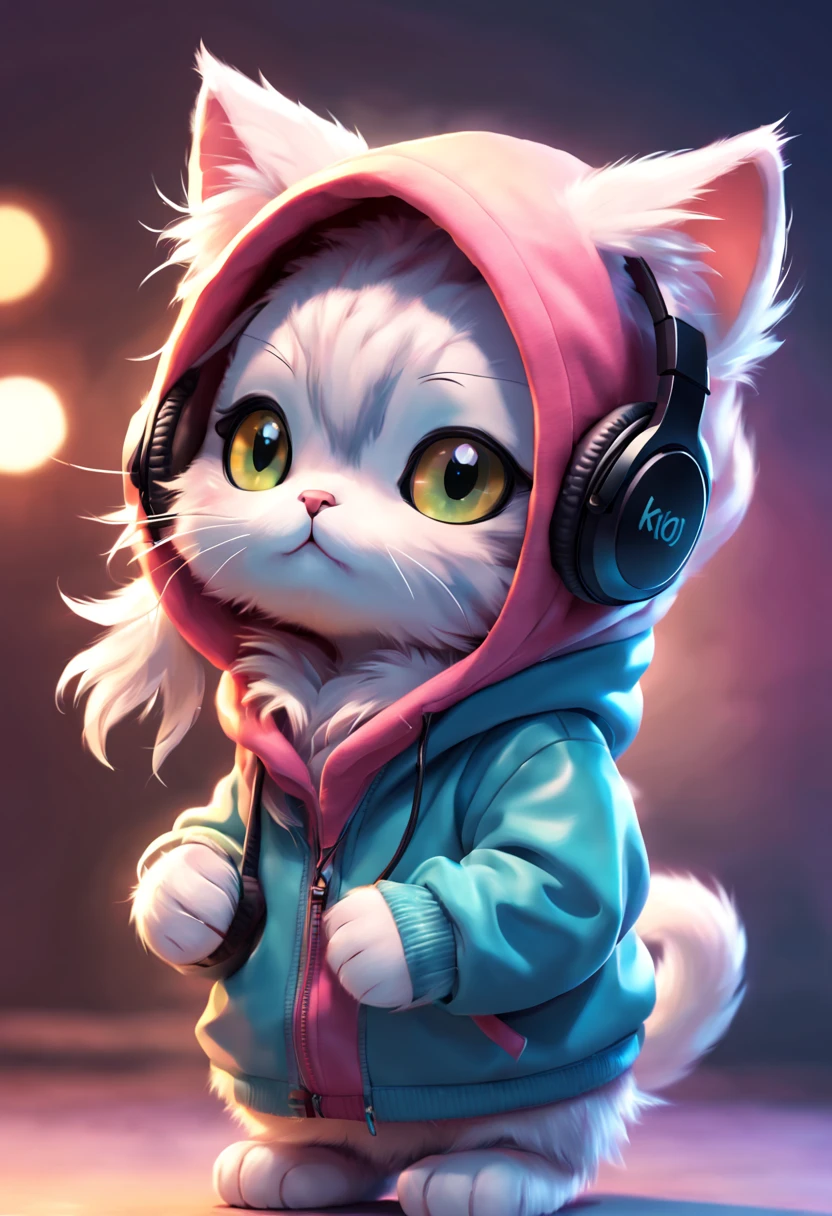 Cute kitty cat with fluffy fur wearing one hoodie and headphones, The background is modern and inorganic, Adorable Digital Painting, 3d rendered, Bright lighting, Vibrant colors,