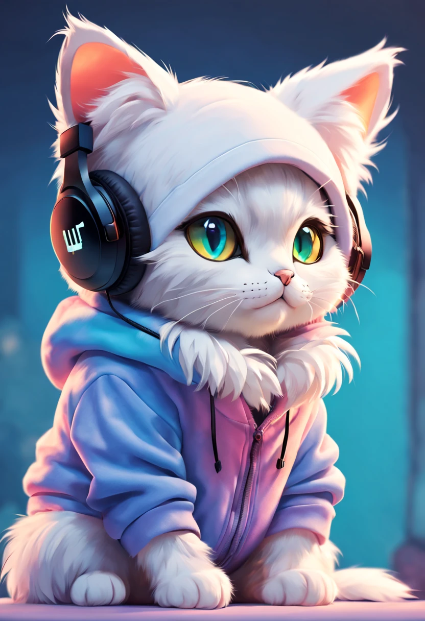 Cute kitty cat with fluffy fur wearing one hoodie and headphones, The background is modern and inorganic, Adorable Digital Painting, 3d rendered, Bright lighting, Vibrant colors,