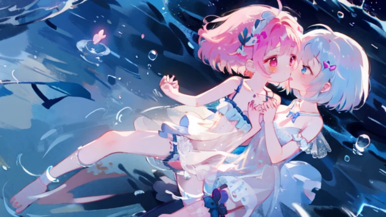 sangonomiya kokomi, swimming underwater, legs with geta shoes in perspective behind character, mildly surpeised face, lots of underwater plans in background, underwater rocks, corals, fish schools, beautiful blue underwater landscape background, foliage in foreground, lots of bubbles, floating hair, floating clothes, looking at viewer, detailed face, intricate detailed hair, blooming effect, looking at viewer, absurdres, masterpiece, pastel colors, very detailed and intricate, desaturated pastel blue and pink colors