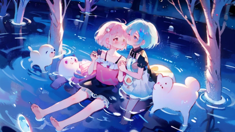 ram and rem,(2girls:1.1),wet,cheeks flushed,Put your hands on your face,A loving expression,leg straps,soft,high resolution, Super detailed,4k,Background next to clear river water,The river water is clear and transparent,The moonlight casts shadows on the lake,Apply the milky white liquid that comes out of your breasts to your face,(holding hands:1.1),(kiss on the lips:1.1),Too cute,Transparent pink garter stockings,whole body,barefoot,lace,More vivid colors and softer contrast,fair skin,The skin is delicate and shiny