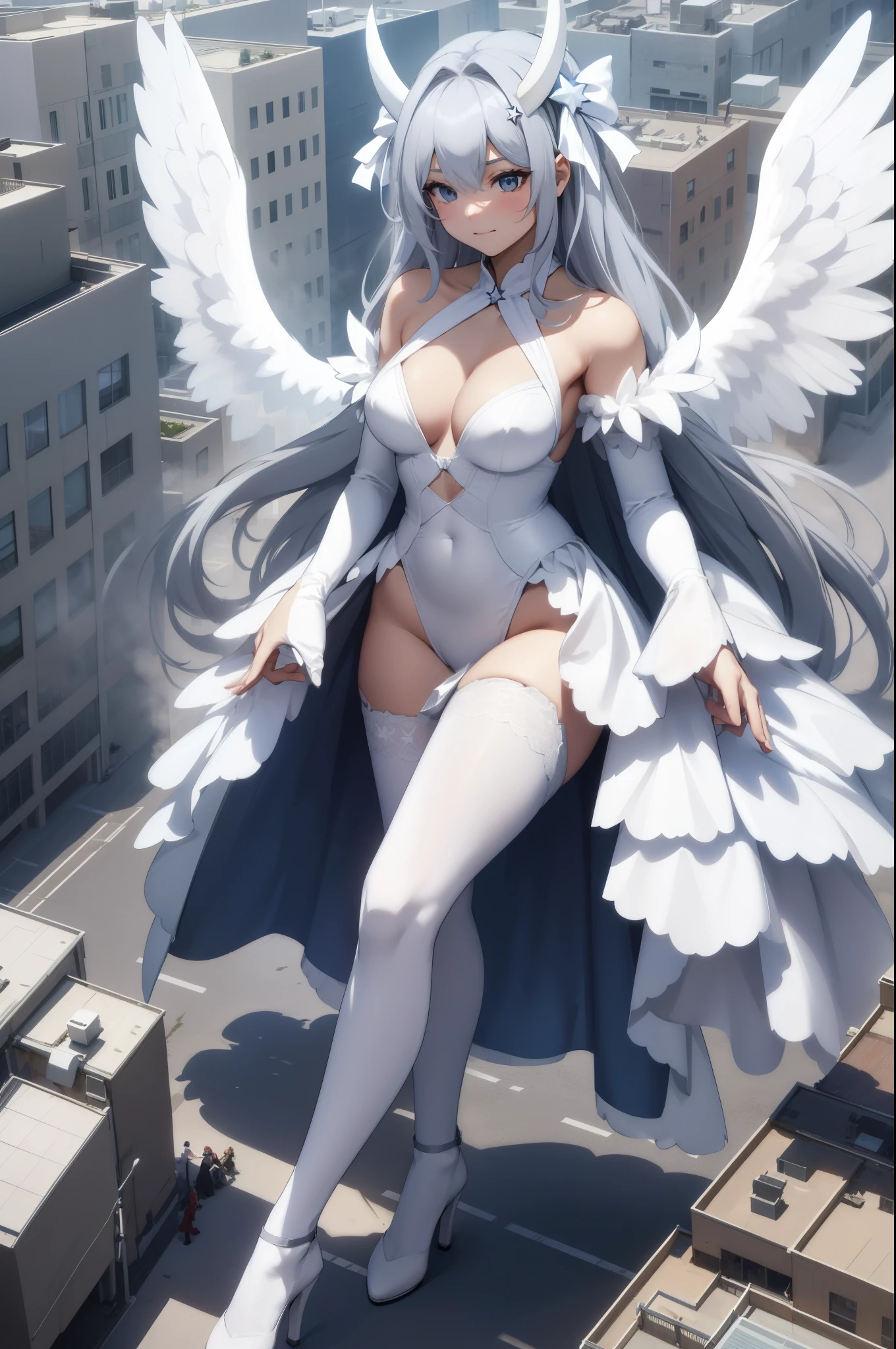Aerial View,giant girl 50,000 feet high,Weight 1000kg,Has a pair of huge white angel wings,With huge devil horns on his head,Has waist-length white hair,loose hair,white wavy hair,Wearing a pair of white Mary Jane high heels,White lace gloves,White lace pantyhose,Pantyhose with bow and star decorations,白色蕾丝whole body,Standing upright on a small city,Beautiful appearance,Exquisite makeup,quality,8k,高quality,Perfect proportion, Cinema lighting,film grain,Fuji colors,8k,textured skin,Super details,high detail,high resolution,fake smile,blood stains,脚底有blood stains,whole body,Obese,feather
