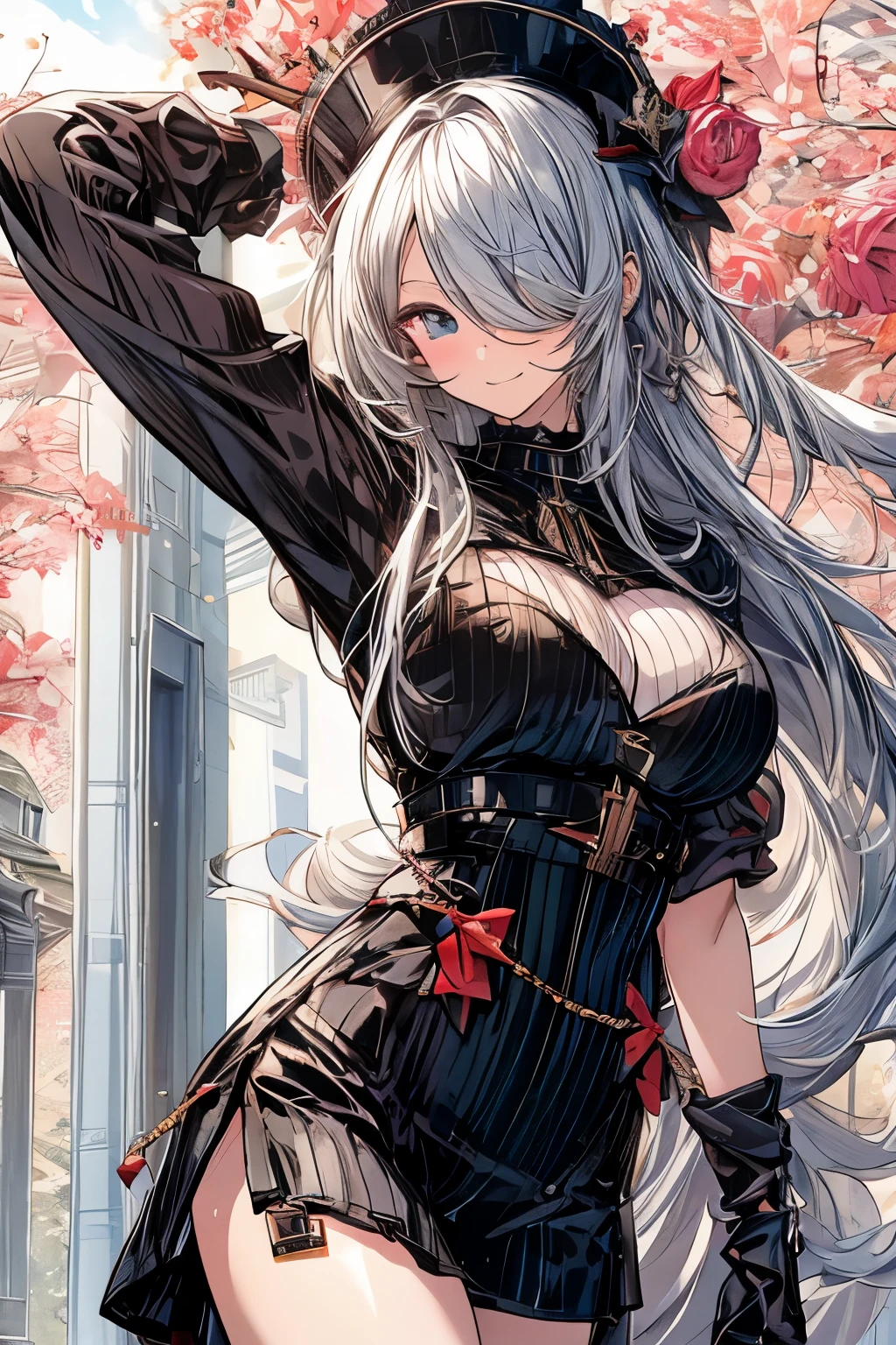 anime girl risque outfit yet cover skin, posing for photoshoot, masterpiece, best quality, high quality, wearing sunglasses near nose, one eye open, smiling