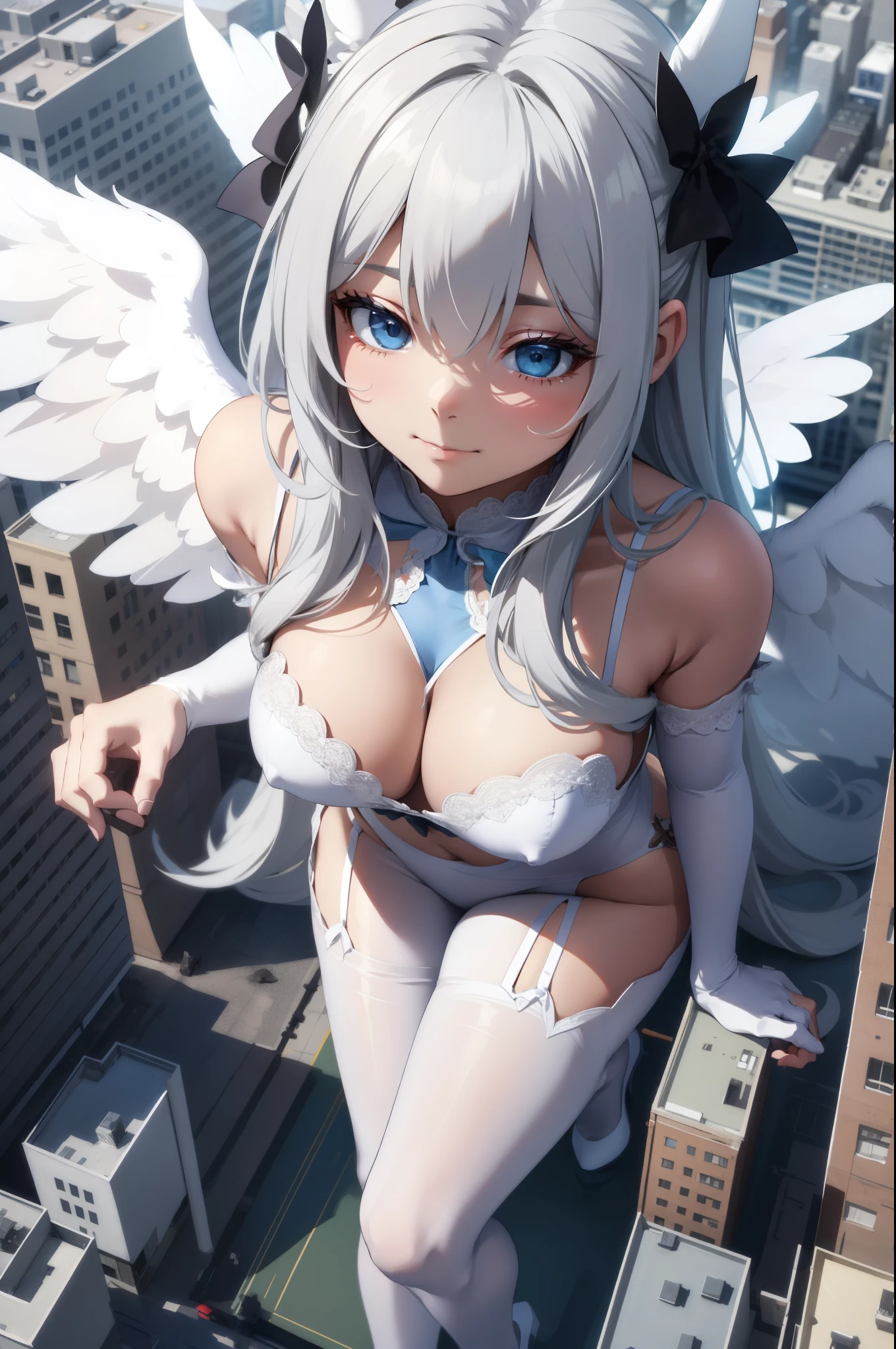 Aerial View,giant girl 50,000 feet high,Weight 1000kg,Has a pair of huge white angel wings,With huge devil horns on his head,Has waist-length white hair,loose hair,white wavy hair,Wearing a pair of white Mary Jane high heels,White lace gloves,White lace pantyhose,Pantyhose with bow and star decorations,白色蕾丝whole body,Standing upright on a small city,Beautiful appearance,Exquisite makeup,quality,8k,高quality,Perfect proportion, Cinema lighting,film grain,Fuji colors,8k,textured skin,Super details,high detail,high resolution,fake smile,blood stains,脚底有blood stains,whole body,Obese,feather