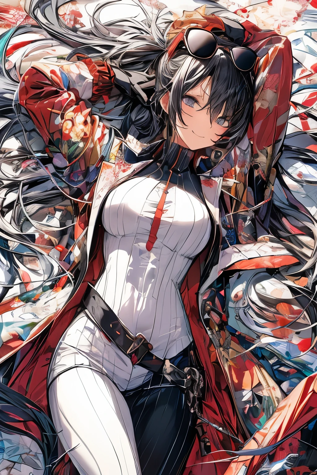 anime girl risque outfit yet cover skin, posing for photoshoot, masterpiece, best quality, high quality, wearing sunglasses near nose, one eye open, smiling