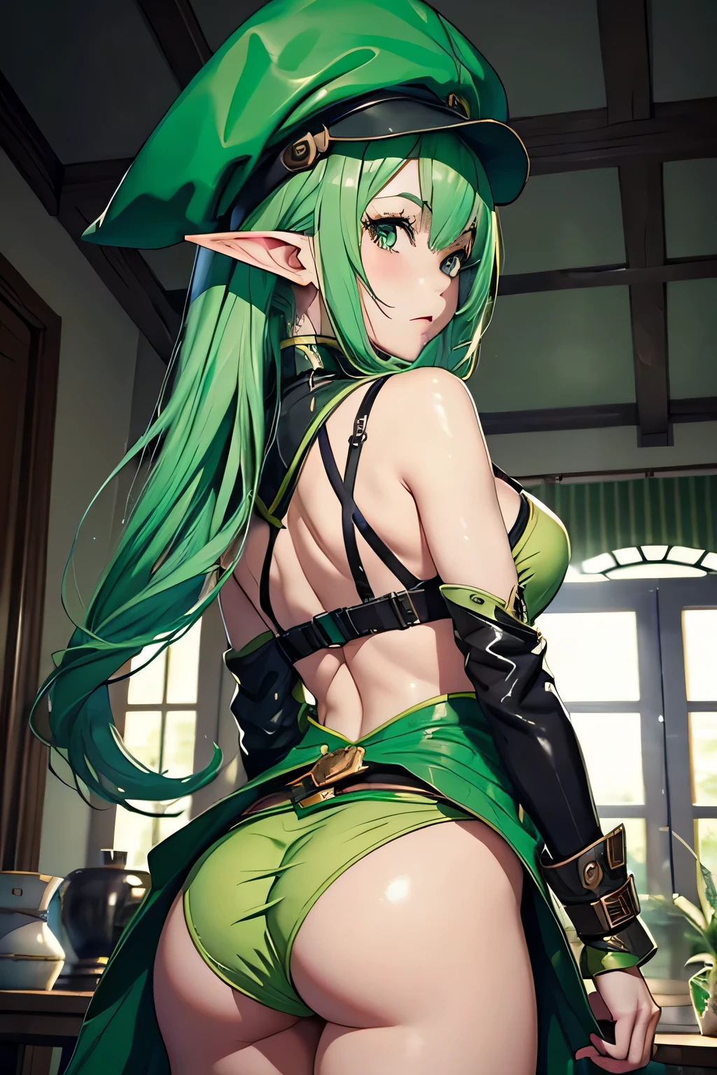 masterpiece, A girl with green hair and a green hat stands in the room, splash art, style art buds, elf girl, Renji Murata and Art Germ, Very warm, Bibby, art gelm style, style league of legends, Ruan Jia and Artgerm, art gelm style, ! dream art germ, View from behind