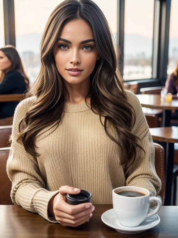Beautiful brunette in beige sweater (Sipping coffee inside a modern café at sunset), Muy detallado, 25 years, Natural wavy brown hair, ojos verdes, mirada felina, Megan Fox, medium large tits high resolution, obra maestra, Mejor calidad, detalles intrincados, muy detallado, Sharp focus, piel detallada, Realista skin textura, textura, ojos detallados, profesional, 4k, sonrisa encantandora, disparado en Canon, 85mm, Poca profundidad de campo, Kodak Vision Color, cuerpo en forma perfecta, extremadamente detallado, Foto_\(Ultra\), photoRealista, Realista, Postprocesamiento, maximum detail, Aspereza, vida real, Ultra Realista, fotorrealismo, Photography, 8k UHD, Photography