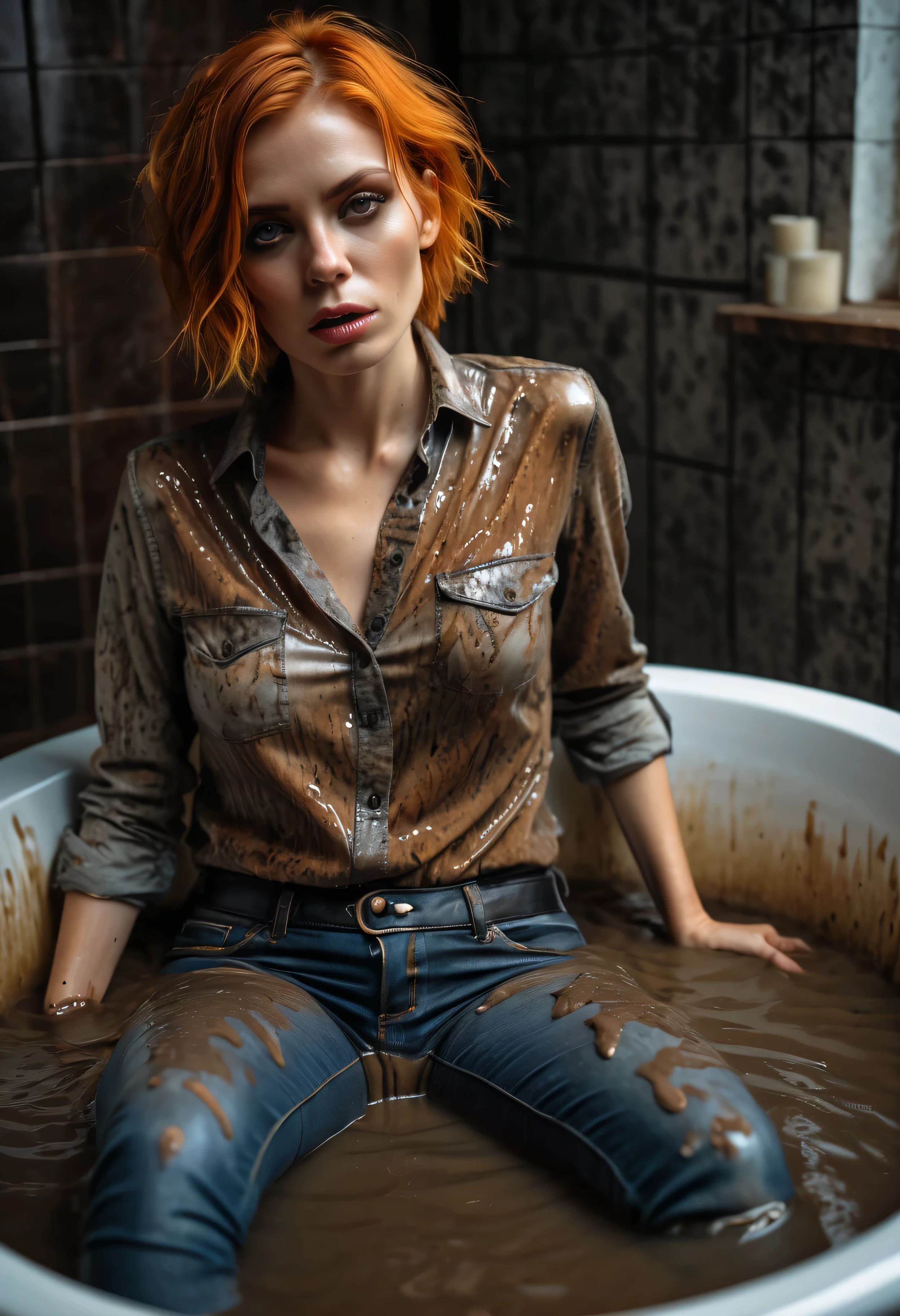 (best quality,4k,8k,highres,masterpiece:1.2),ultra-detailed,(realistic,photorealistic,photo-realistic:1.37),fading orange-haired soaking wet woman 40 years in muddy jeans and dirty satin lace blouse drowns inside bath filled with mud in shameful fetishistic position while indulging in shameful fetish,she smears mud on her ((detailed textured jeans)) when indulging in shameful fetish,bob haircut,detailed eyes and face,expression of despair,blouse,dark and moody lighting,shameful fetish atmosphere,desperation,bathroom,inside bath she feels dark ecstasy and shame, inside bath