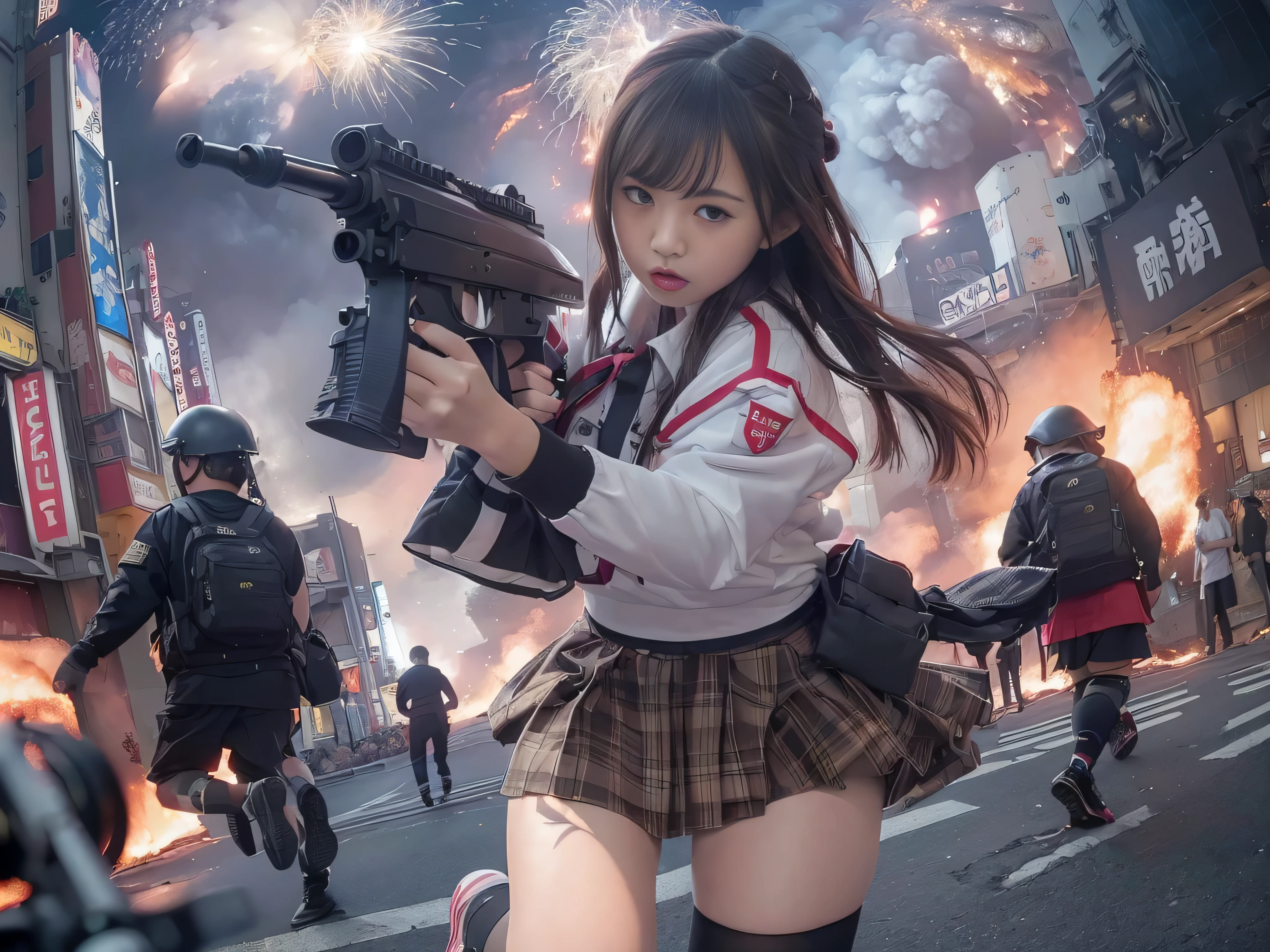 ((RAW image quality:1.4)), 8K resolution, masterpiece, high quality, unpleasant feeling, cinematic lighting, front camera angle, (Remainsの大都市:1.4), (SHIBUYA109 is attacked:1.4), 1 girl, (High school girl running on the ground with an assault rifle (M16)), beautiful girl, beautiful and fearless face, closed mouth, run as fast as possible, good style , short hair, cleavage, short sailor suit, tartan check miniskirt, dynamic pose, (Remains), Shibuya at night, Missile attack, ((Big explosion in the background:1.4)), (inflammation), (fires:1.4), (Photographed with an 8mm fisheye lens:1.4), Shallow depth of writing, Photo looking up from below, biologically correct,