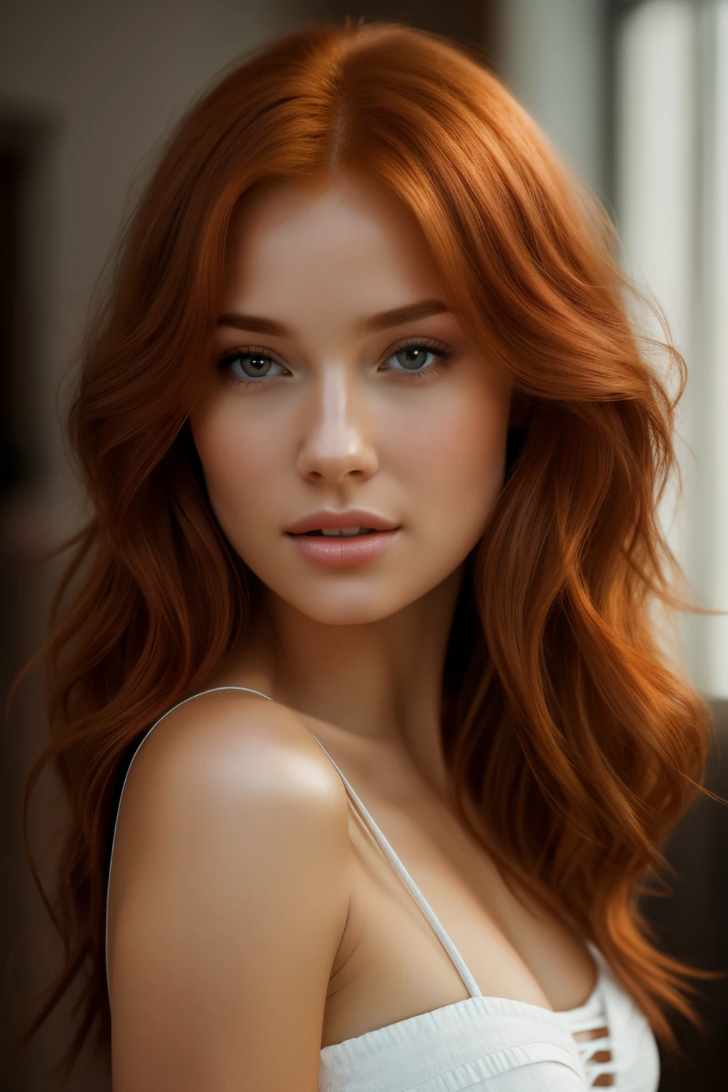 A breathtaking photograph capturing the essence of the world's most stunning and captivating redhead girl of all time. Her alluring pose and seductive facial expression draw you in, while the photorealistic rendering of every detail leaves you in awe. The hyperrealism of this masterpiece is evident in its ultra sharp focus and ultra-focused depth of field. This highres, UHD, 4k image is a true testament to the capabilities of RTX and HDR technology, showcasing the girl's luscious hairstyles and expressive features with remarkable clarity. The carefully crafted camera_effects and camera_focus add an extra touch of allure, while the lighting sets the perfect ambiance for this mesmerizing portrait. It is a true feast for the eyes and undoubtedly one of the best