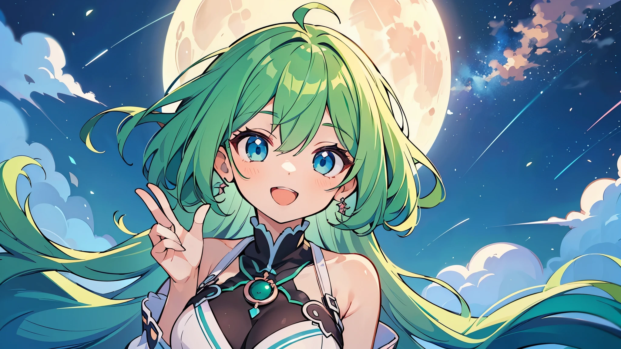 ((A Pretty little girl with green hair and blue eyes)), wearing one-piece dress, Loli face, ((master piece, top-quality, ultra-definition, high resolution)), anime girl, ((ultra-detailed illust:1.2)), only one person, bangs, hair between eye, beautiful hair, Beautiful eyes, Medium breasts, Big smile, opened mouth, enjoying, moon