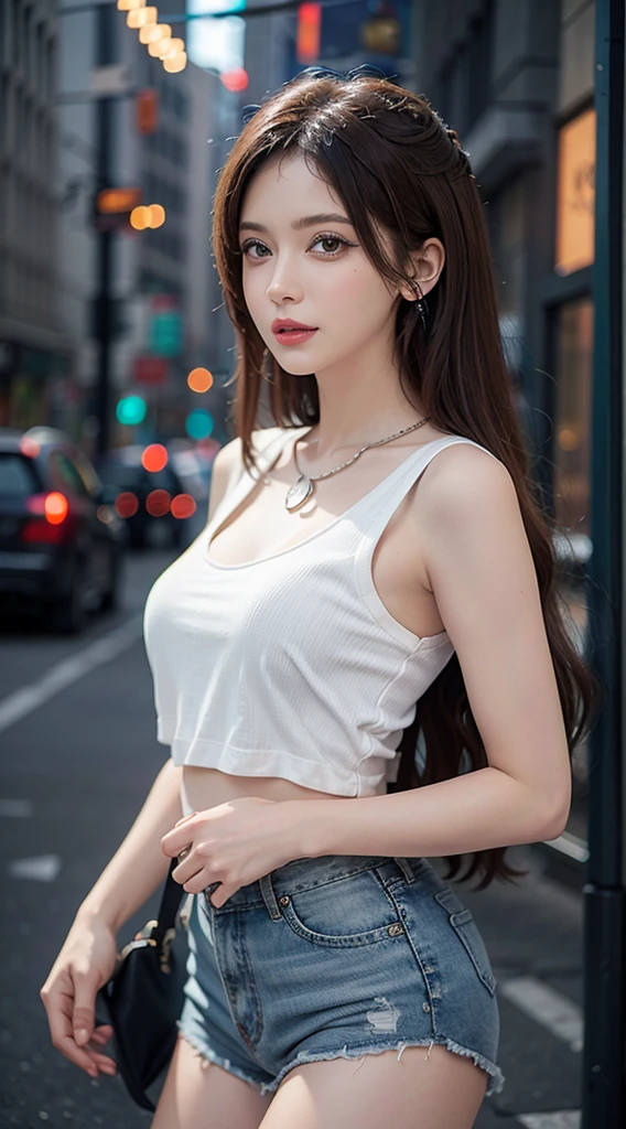 Urban beautiful girl college student, masterpiece, Light makeup, red lips, silver hair, messy long hair, street background, beautiful, elegant. Ultra-fine details, masterpiece, Authentic texture, Realistic lighting, Perfect work, 8k, HD, Exquisite facial features, White skinny cutout top, Clear white skinny shorts, slim figure, big bright eyes, smooth skin, earrings, necklace, tattoo