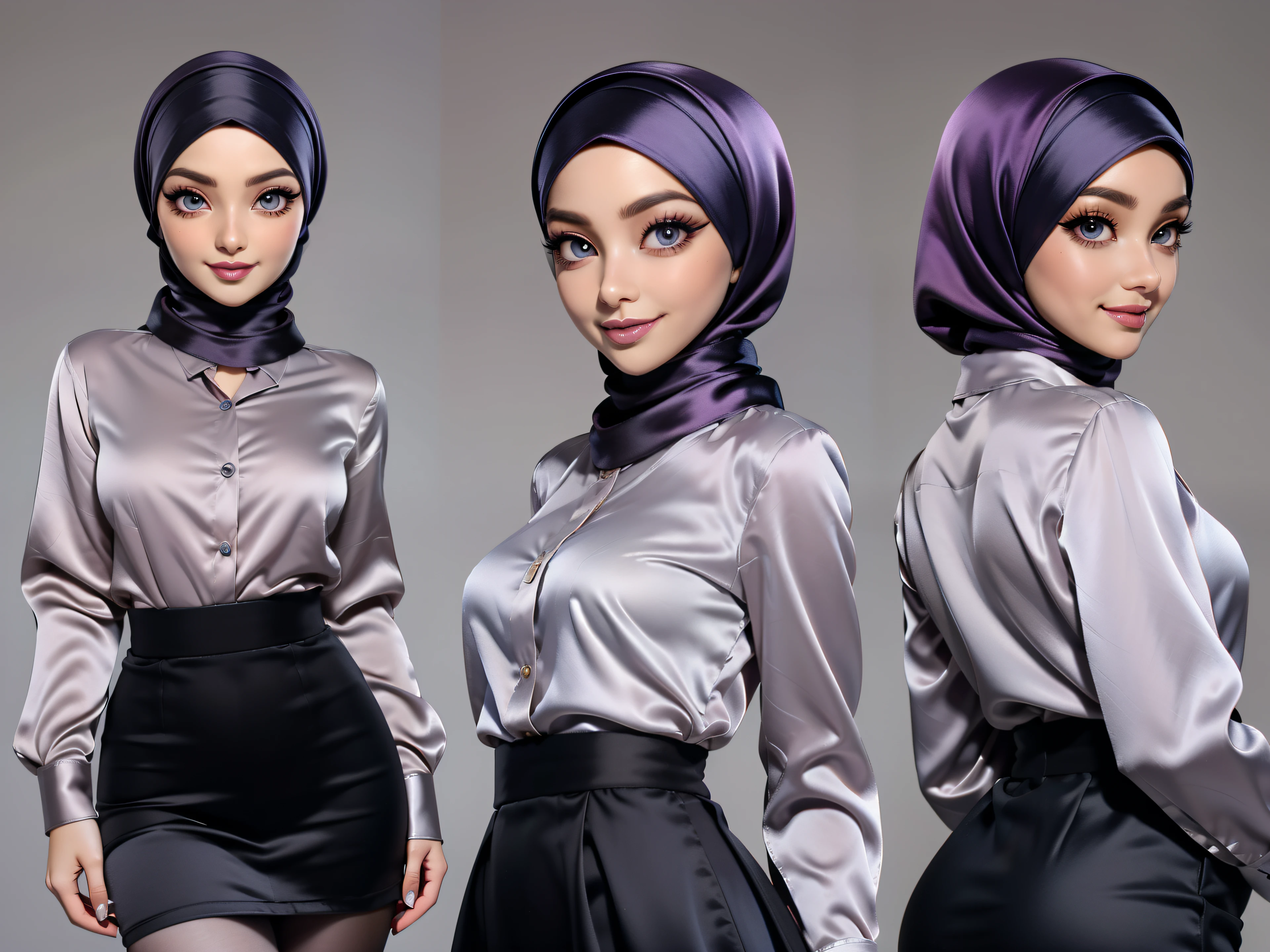 Character Design - a close up character design sheet of a beautiful hijab girl character, beautifully makeup, eyeshadow, Parted Lips, detailed eyes, beautiful big eyes, long eye lashes, smile,. She's dresses (Dark gray satin headscarf)), loosely tide hijab style, ((Taupe satin shirt)), satin long skirt. Cartoon style, front, side and back views