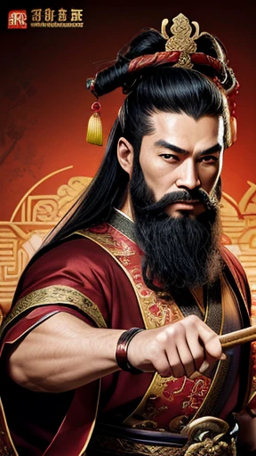 oriental、man in ancient chinese clothes、ancient chinese hairstyle man、three kingdom、multiple warlords、highest quality、masterpiece、ultra high resolution、(realistic:1.4)、game poster、Clear and beautiful image quality、Red clothes、long beard、I decorated my head with a small box.、Bundle belt、Holding a scepter
