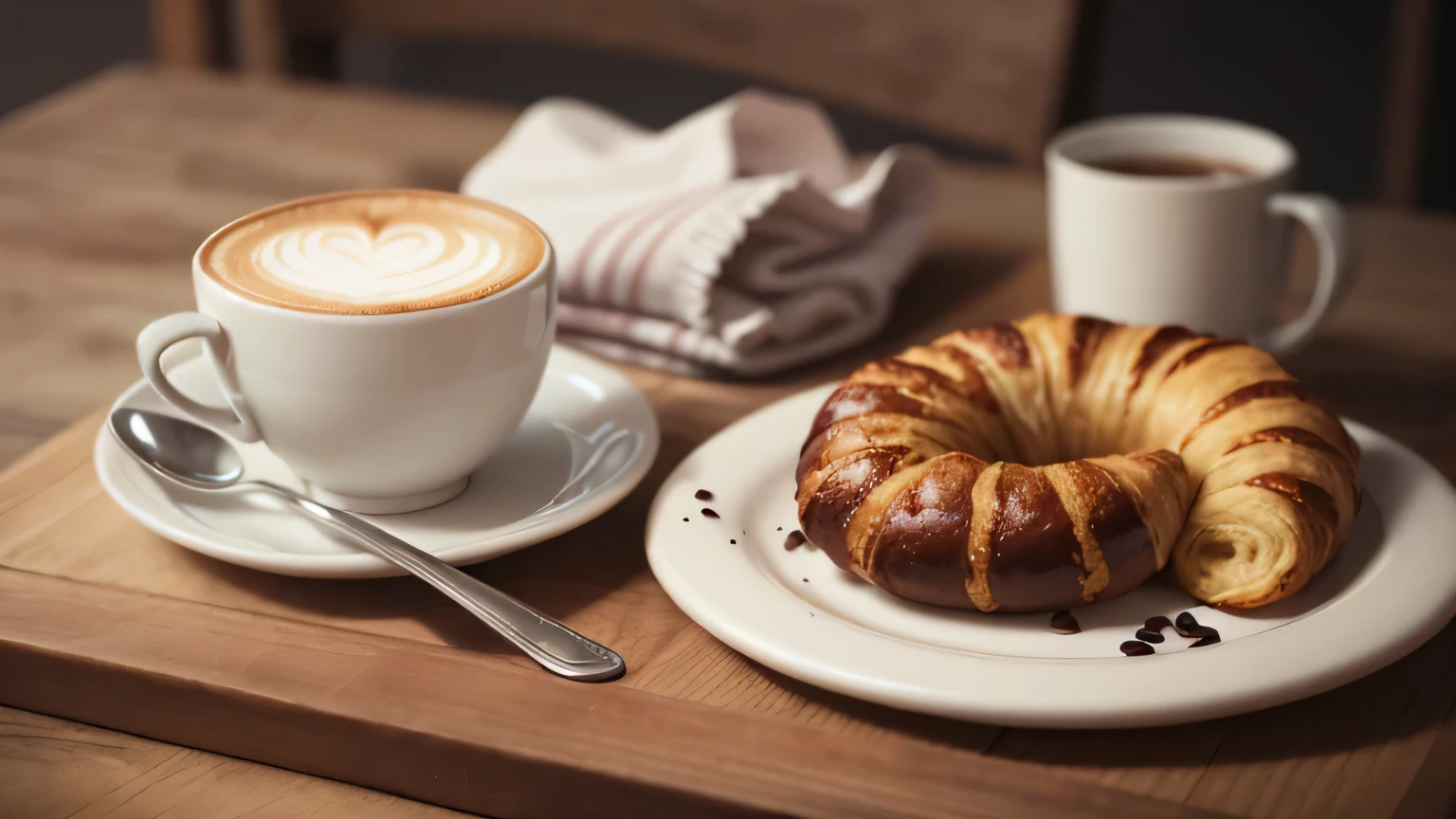 Stylish coffee shop like Starbucks。A cup of latte art coffee on a tray and croissants on the table。Realistic photos。high-definition。high quality。