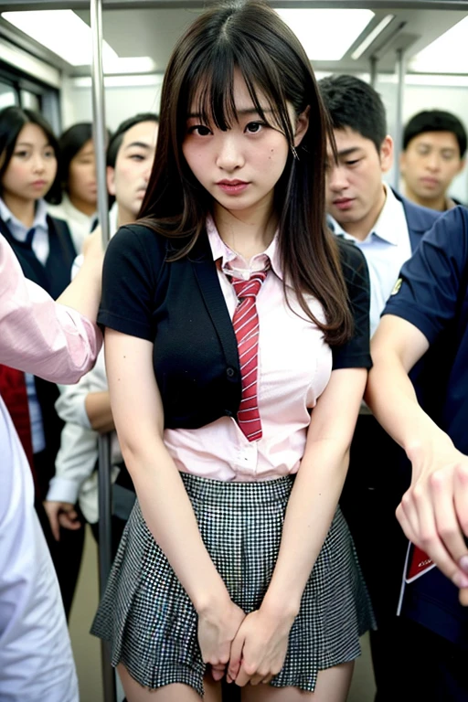 Japanese, high school girl, the most beautiful girl, breasts being fondled from behind by an office worker on the train, multiple men touching her body over her uniform, molestation, hands inside her skirt, feeling intensely. , panties exposed, groping a man's crotch, worst quality, low quality, normal quality