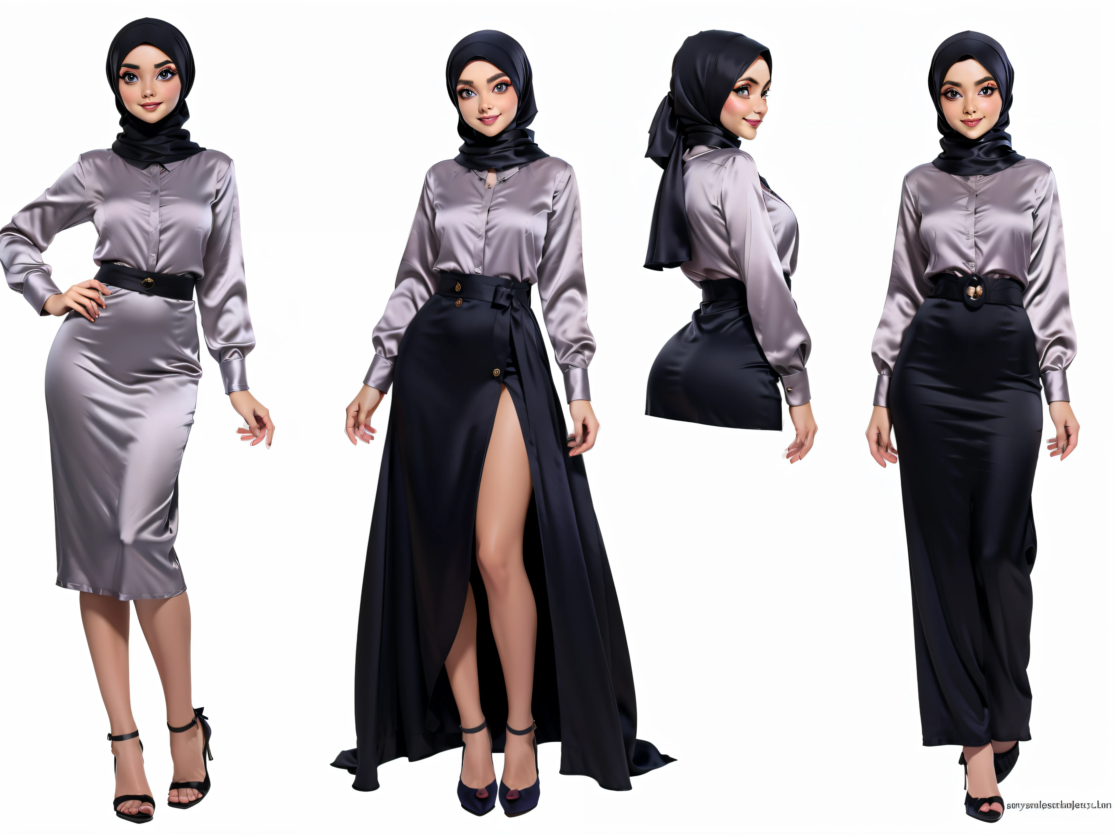 Character Design - a ((full body)) character design sheet of a beautiful hijab girl character, beautifully makeup, eyeshadow, Parted Lips, detailed eyes, beautiful big eyes, long eye lashes, smile. She's dresses (Dark gray satin headscarf)), loosely tide hijab style, ((Taupe satin shirt)), satin long gown. Cartoon style, front view.